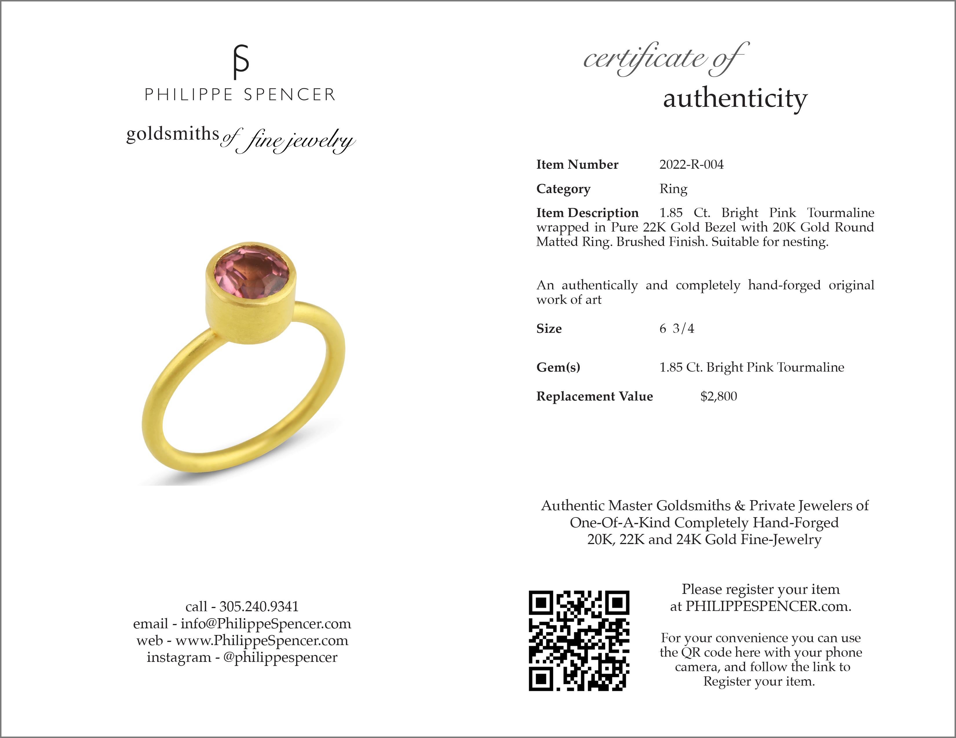 Artisan PHILIPPE SPENCER 1.87 Ct. Pink Tourmaline in 22K and 20K Gold Solitaire Ring For Sale