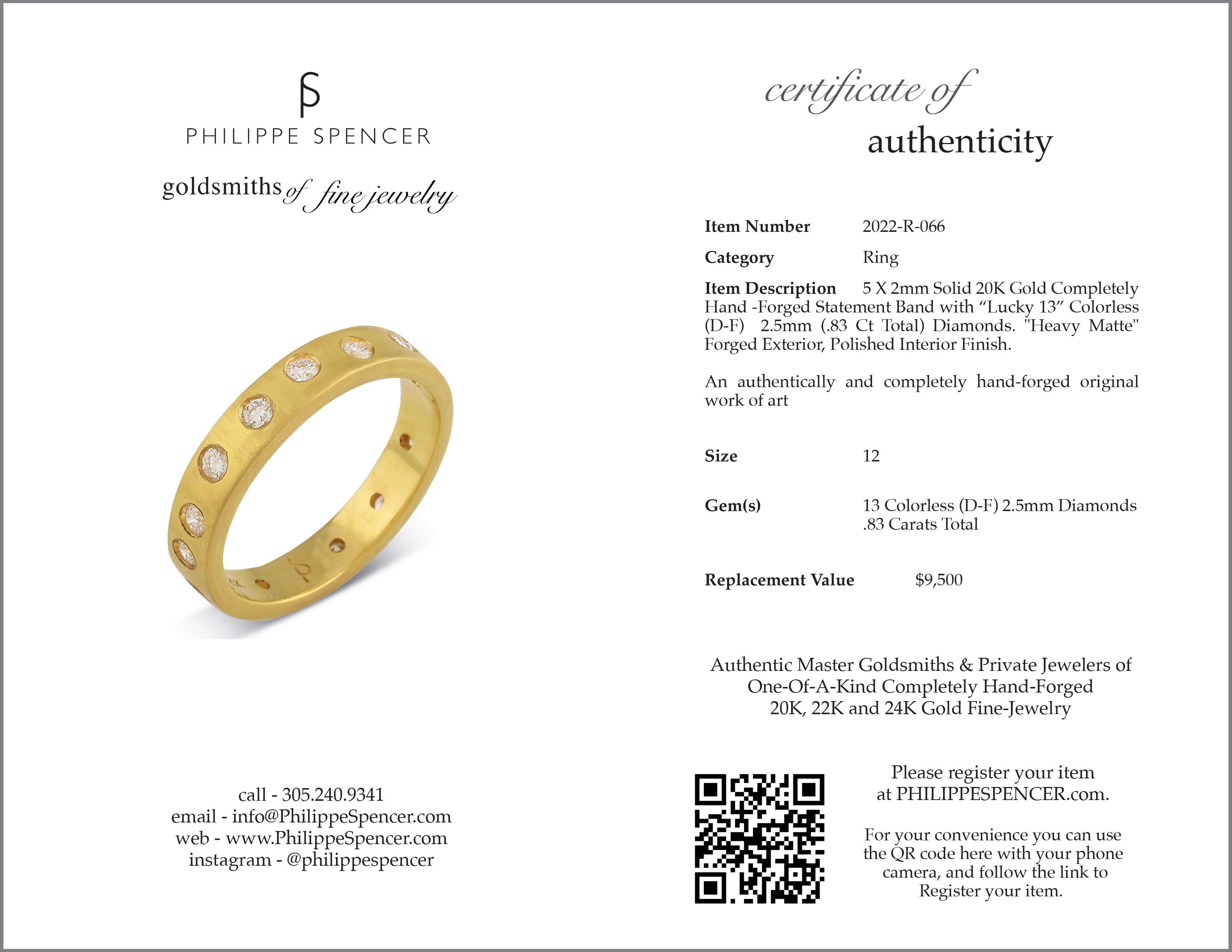 Women's or Men's PHILIPPE SPENCER 20K Gold 5x2mm Band & “Lucky 13” COLORLESS Diamonds  For Sale