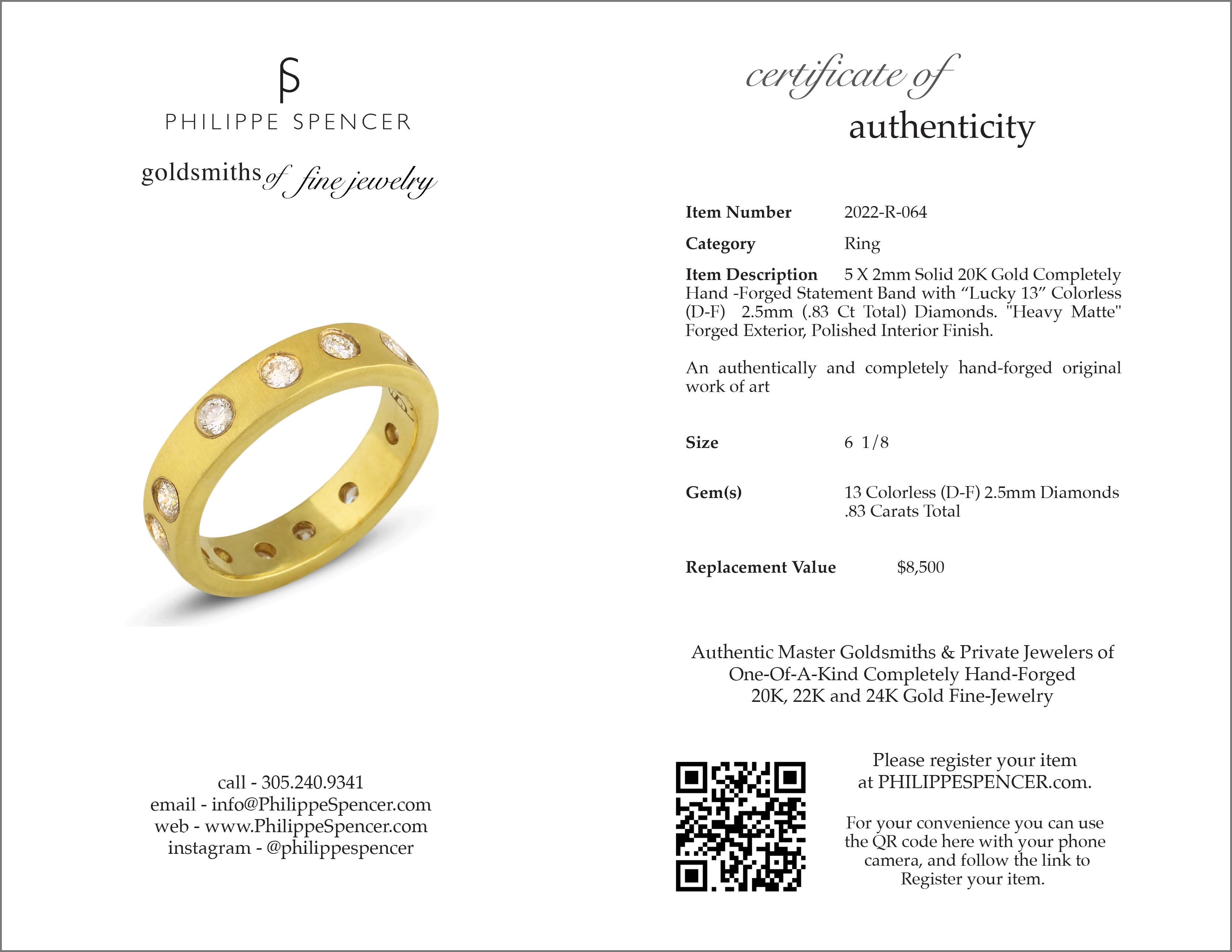 Artisan PHILIPPE SPENCER 20K Gold 5x2mm Band & “Lucky 13” COLORLESS Diamonds  For Sale