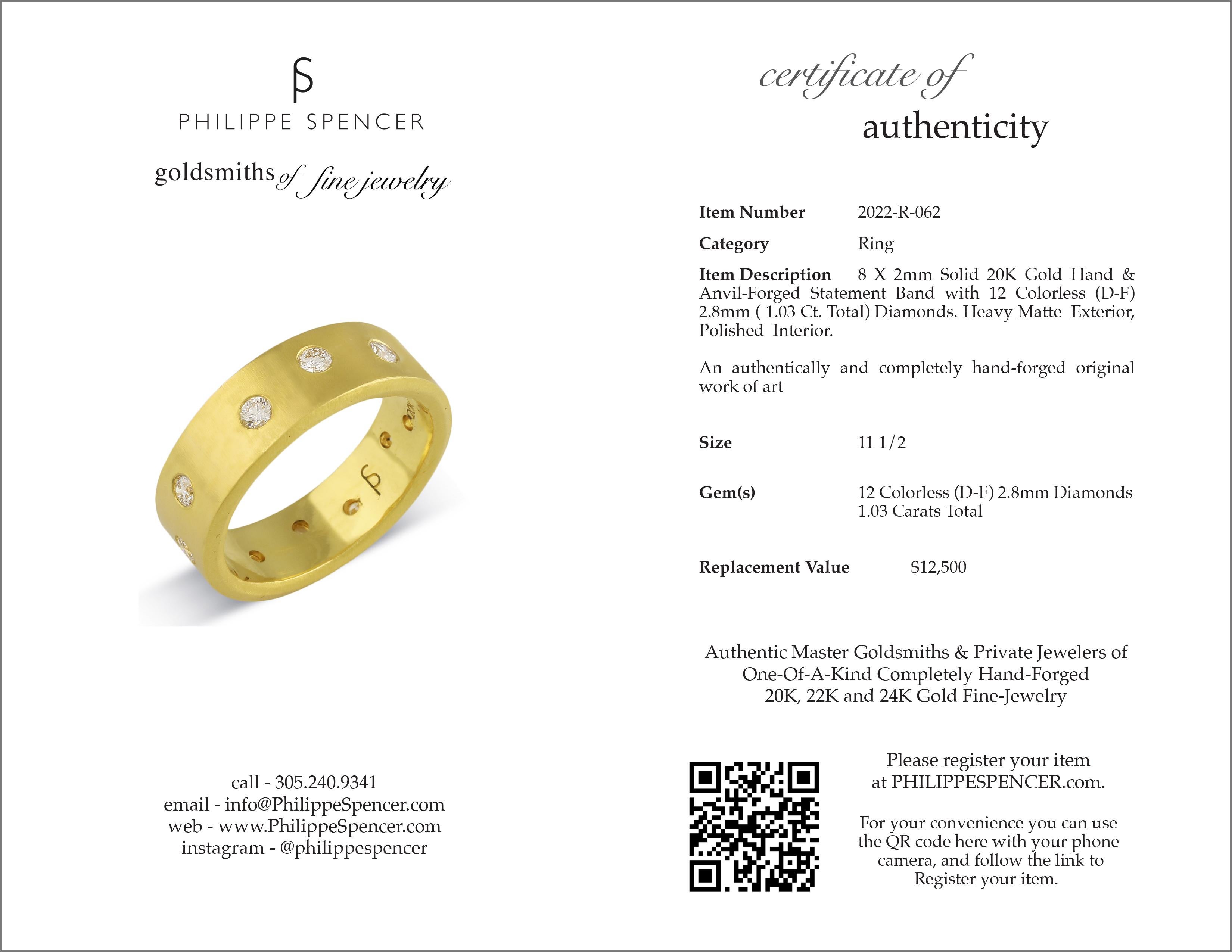 PHILIPPE SPENCER 20K Gold 8x2mm Band with 1.03 Ct. Tw. COLORLESS Diamonds For Sale 1