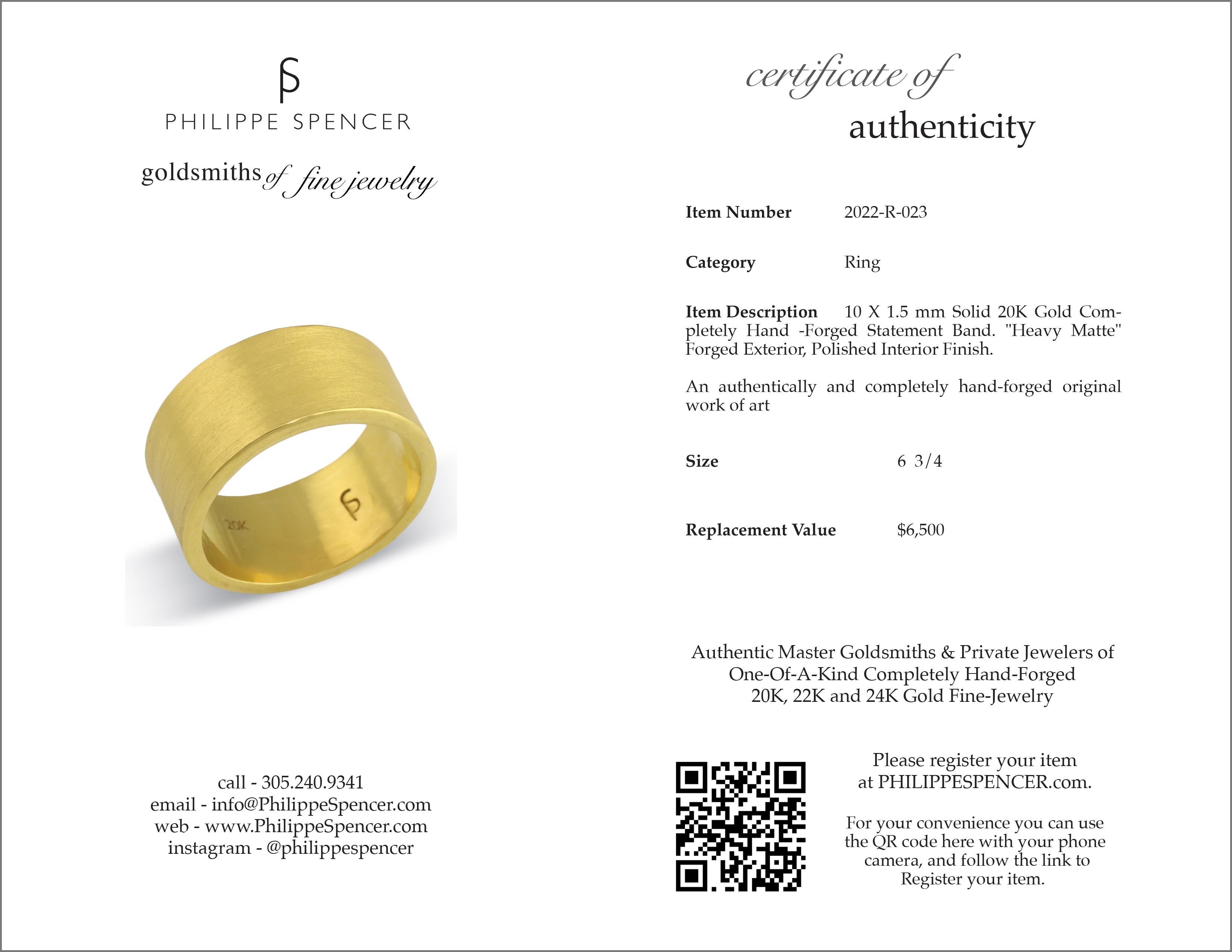 For Sale:  PHILIPPE SPENCER 20K Gold Hand & Anvil Forged 10 x 1.5mm Wide Band Ring 4