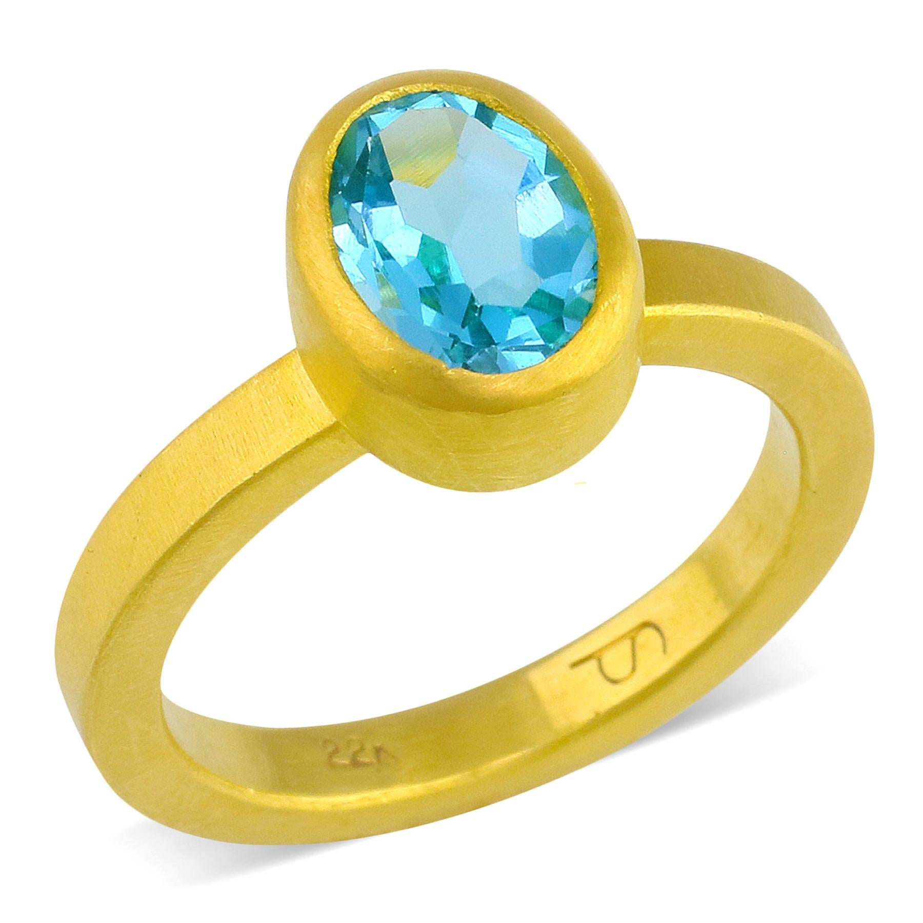 PHILIPPE SPENCER - 2.15 Ct. Oval Topaz wrapped in 22K Backless Gold bezel setting and Heavy Solid 22K Anvil-Forged & Finished Solitaire Ring.  Heavy Brushed Exterior, Mirror Polish Interior Finish. Suitable for nesting with other rings. Size 7 1/2,
