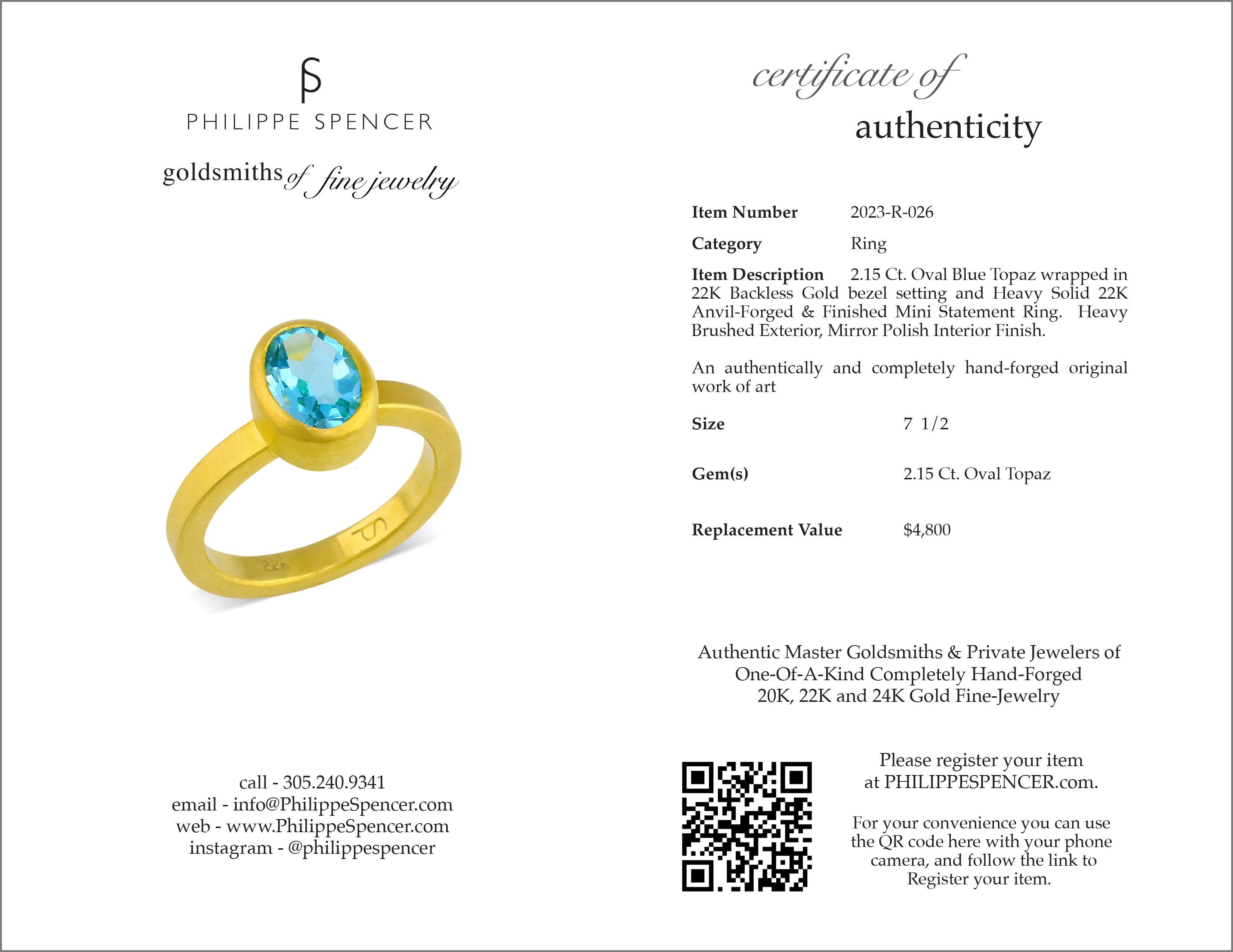 Oval Cut PHILIPPE SPENCER 2.15 Ct. Blue Topaz Solitaire Ring in 22K Gold For Sale