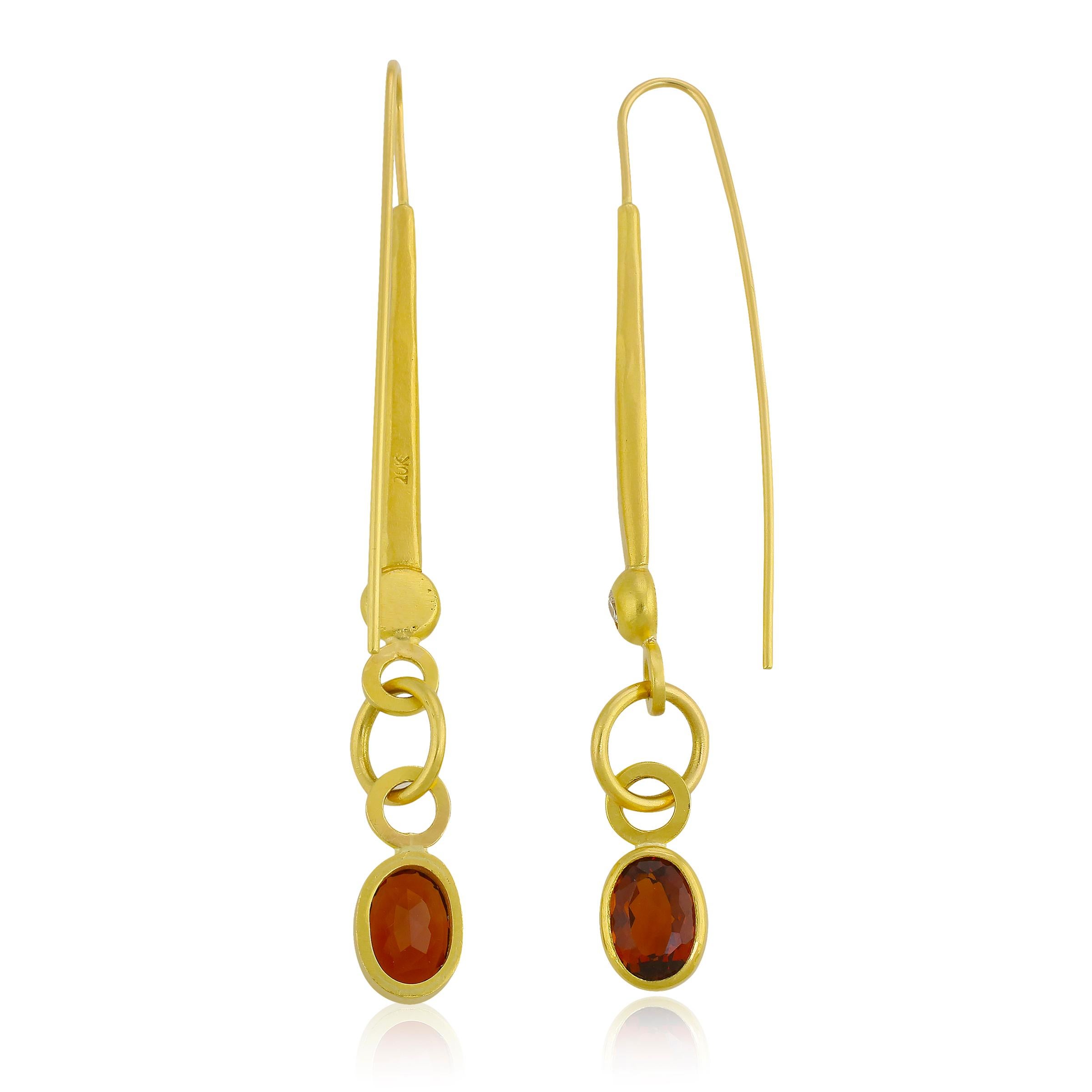 PHILIPPE SPENCER -  4.5 Ct. Total Oval Deep Orange Citrines set in backless Pure 22K Gold, and 1/4 Ct. Total COLORLESS (D-F) Diamonds with Solid 20K Gold Feature One-Of-A-Kind Statement Earrings.  

These Heirloom-Worth Hand-Forged Dangling