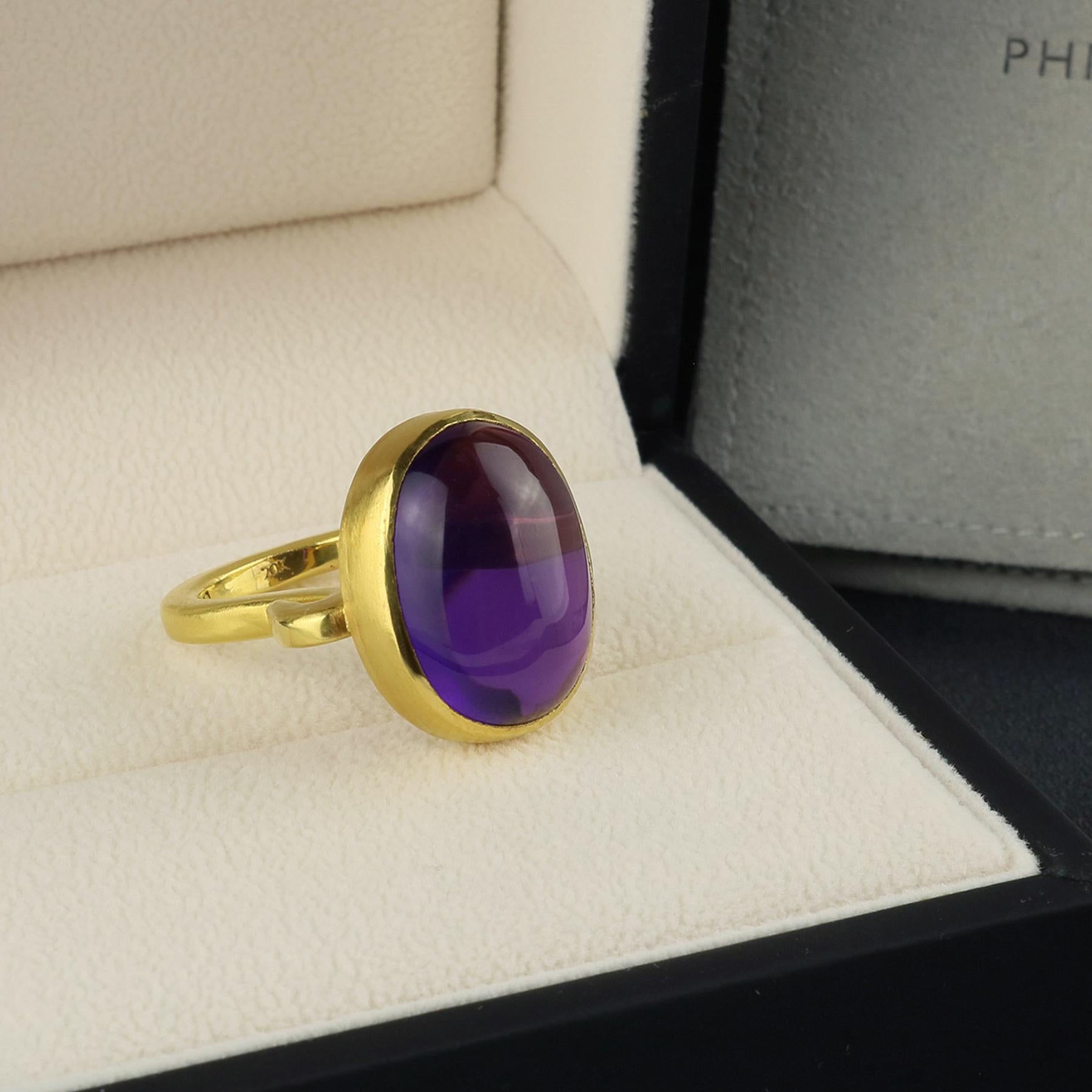 PHILIPPE SPENCER - 23.73 ct Cabochon Amethyst set in backless 22K Gold bezel with Hand-Forged Solid 20K Gold Swan Neck Statement Ring.  Size 6 to 6 1/2, and is in-stock and ready to ship. Our apologies in advance, this One-Of-A-Kind statement ring