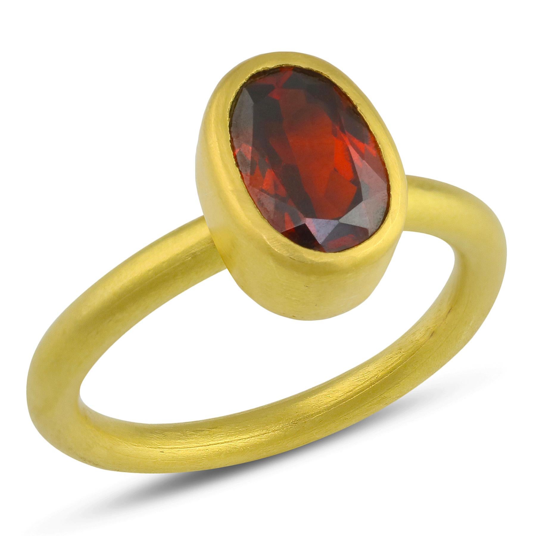 PHILIPPE-SPENCER -   2.4 Ct. Faceted Rare Deep Orange Spessartine Garnet wrapped in 22K Gold Bezel with Solid Round 20K Gold Ring. Brushed Matte Finish. Size 6 3/4, and is in-stock and ready to ship. Our apologies in advance, this One-Of-A-Kind