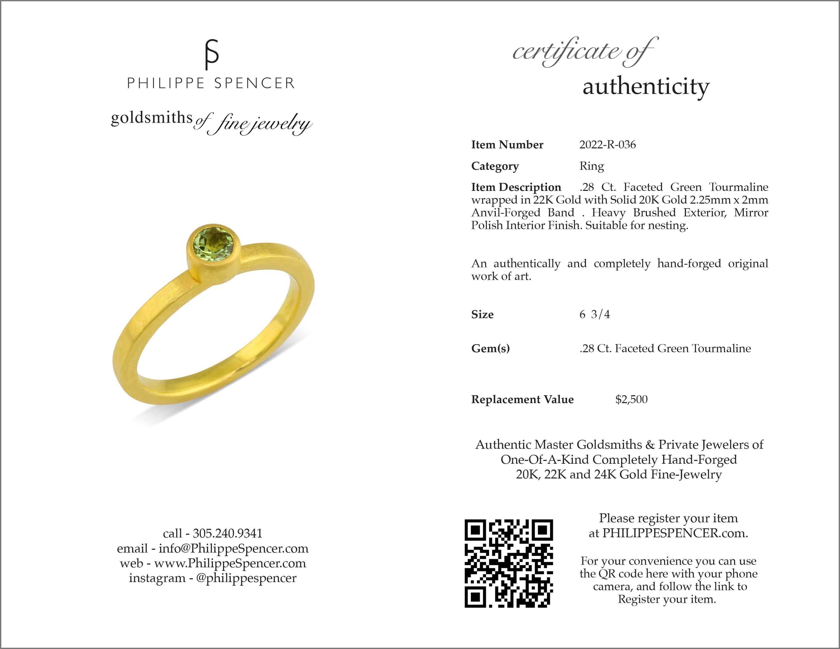 Artisan PHILIPPE SPENCER .28 Ct. Green Tourmaline in 22K and 20K Gold Solitaire Ring For Sale