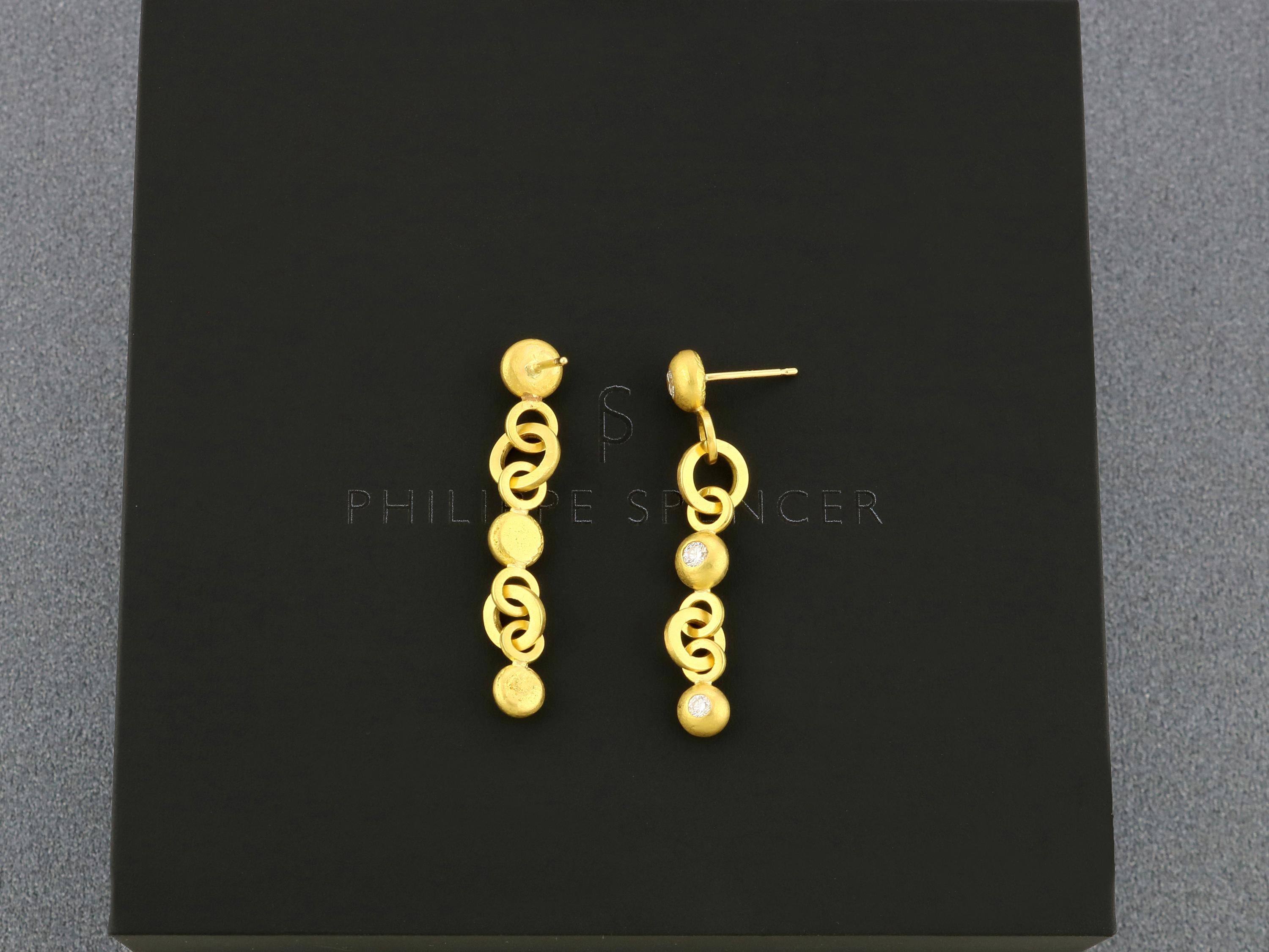PHILIPPE SPENCER - 3/4 Ct. Total COLORLESS (D-F) Diamond Three Drop Dangling Earrings set in Pure 20K Gold, with Solid 20K Gold connection links. Each pair is a unique, authentically smithed One-Of-A-Kind work of art. 

These beautiful Hand-Forged