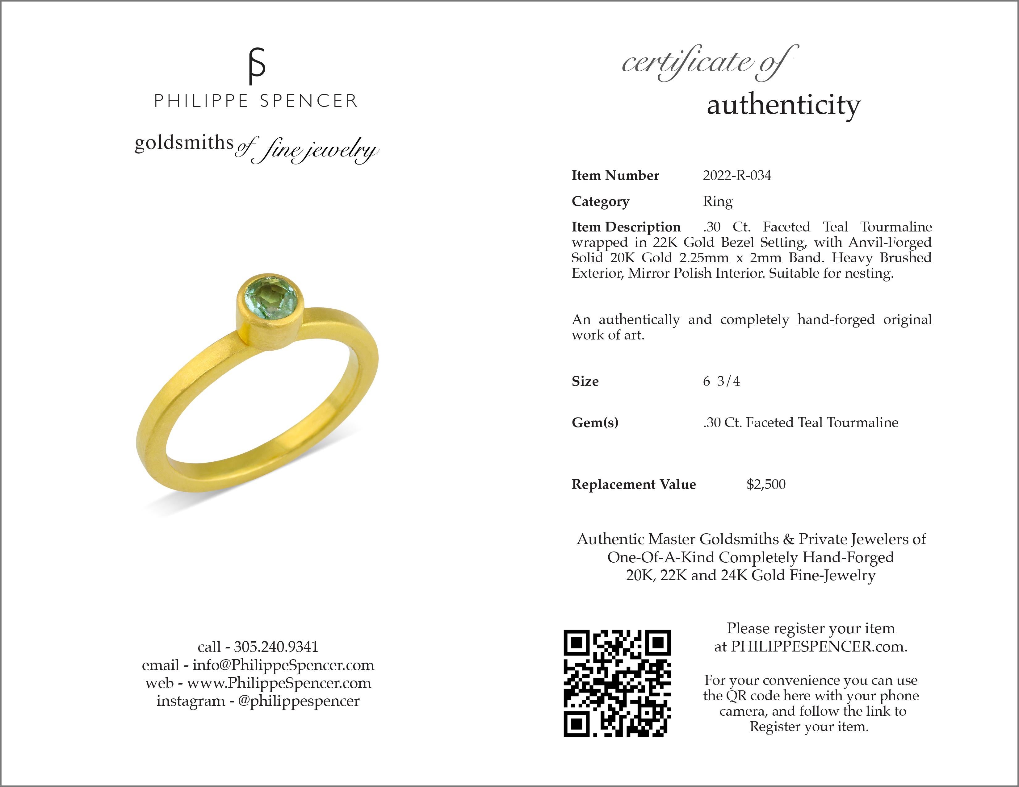 PHILIPPE SPENCER .30 Ct. Teal Tourmaline in 22K and 20K Gold Solitaire Ring In New Condition For Sale In Key West, FL