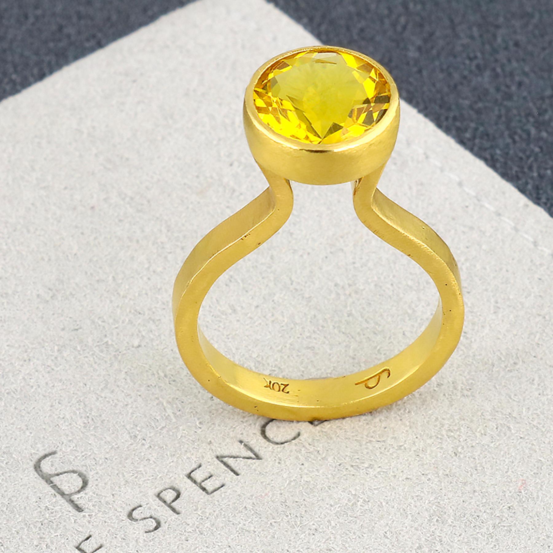 PHILIPPE SPENCER - 3.25 Ct. Round Lemon-Color Citrine wrapped in High-Set backless 22K Gold, with Extra Heavy 20K Gold Completely Hand-Forged Statement Ring. Size 8, and is in-stock and ready to ship. Our apologies in advance, this One-Of-A-Kind