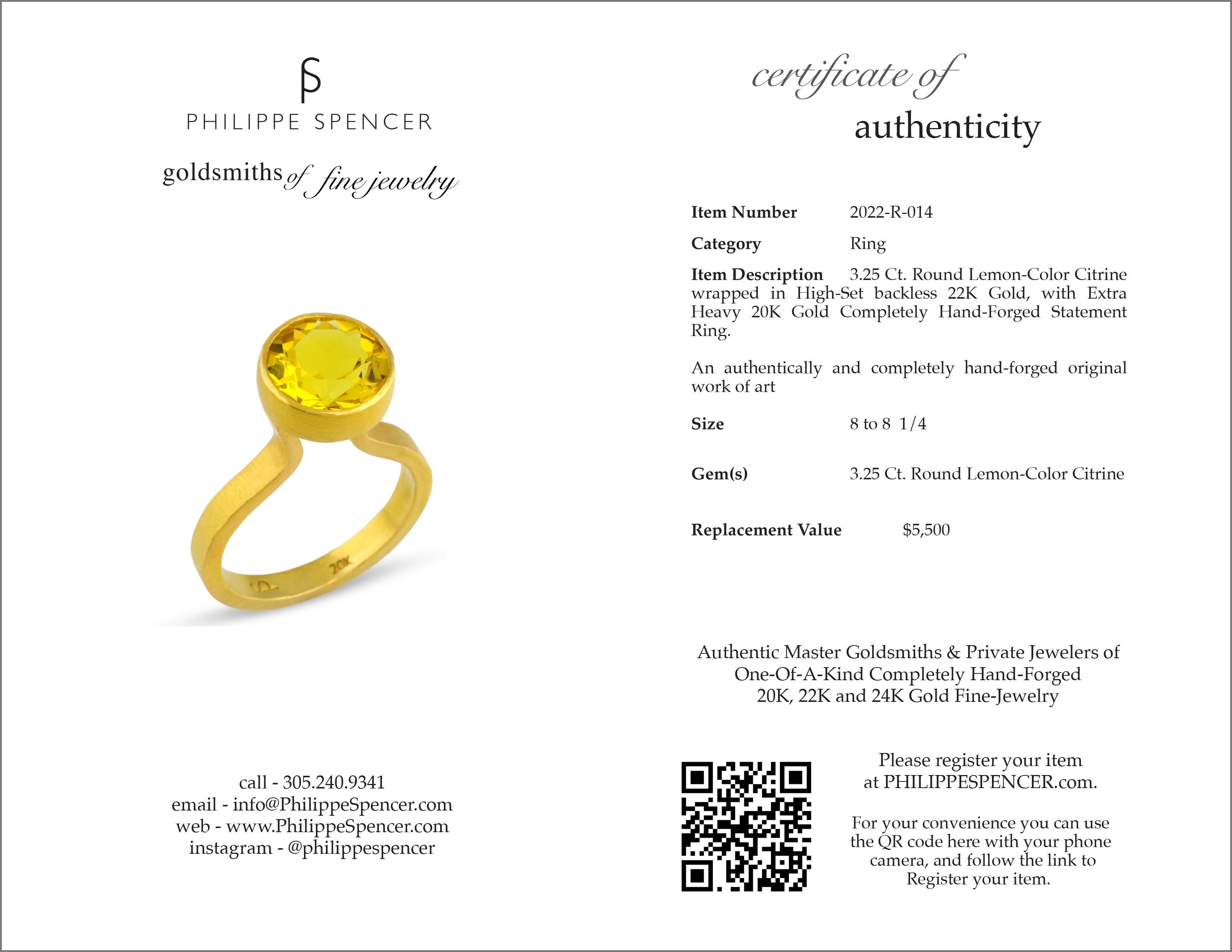 Round Cut PHILIPPE SPENCER 3.25 Ct. Lemon Color Citrine in 22K and 20K Gold Statement Ring For Sale