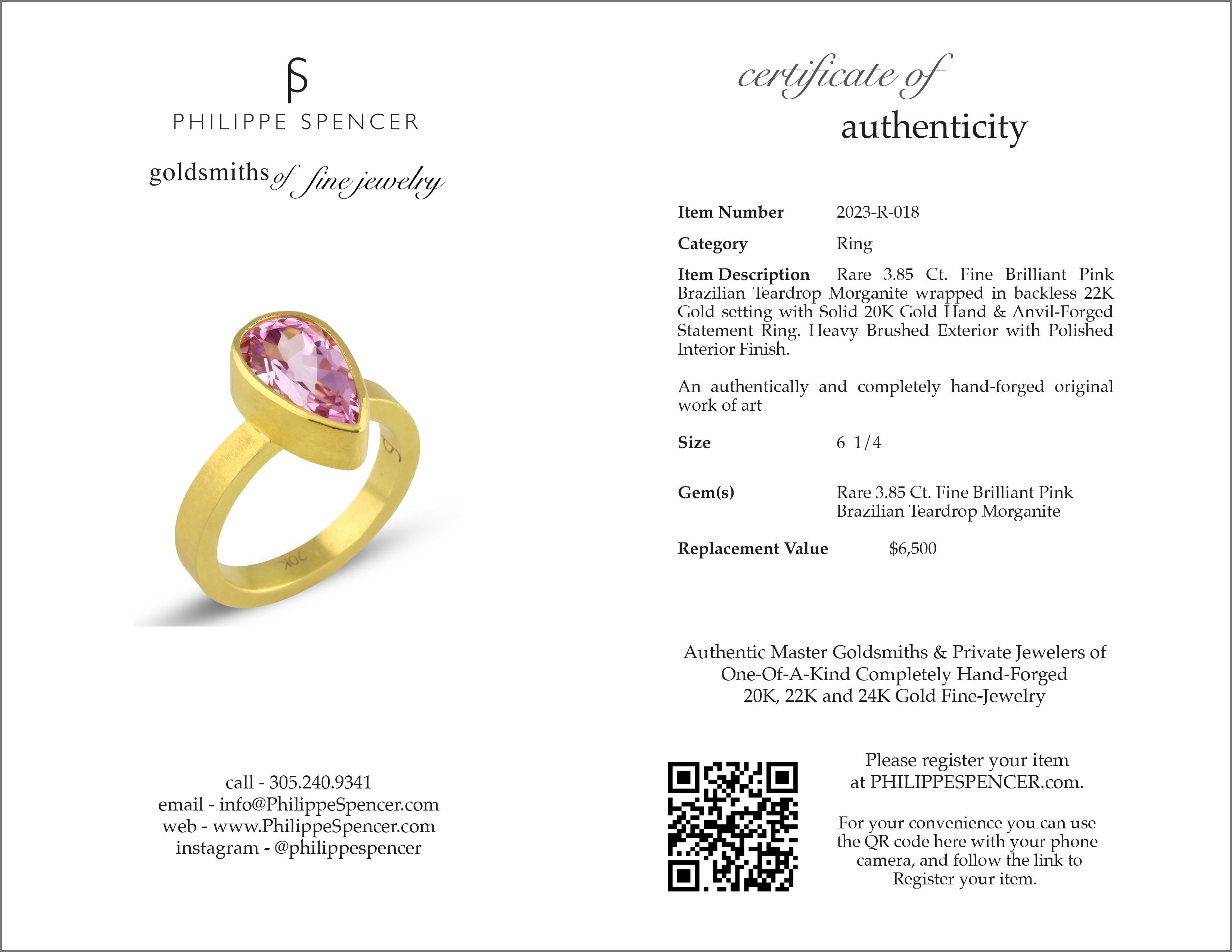 Pear Cut PHILIPPE SPENCER 3.85 Ct. Pink Morganite in 22K and 20K Gold Statement Ring For Sale