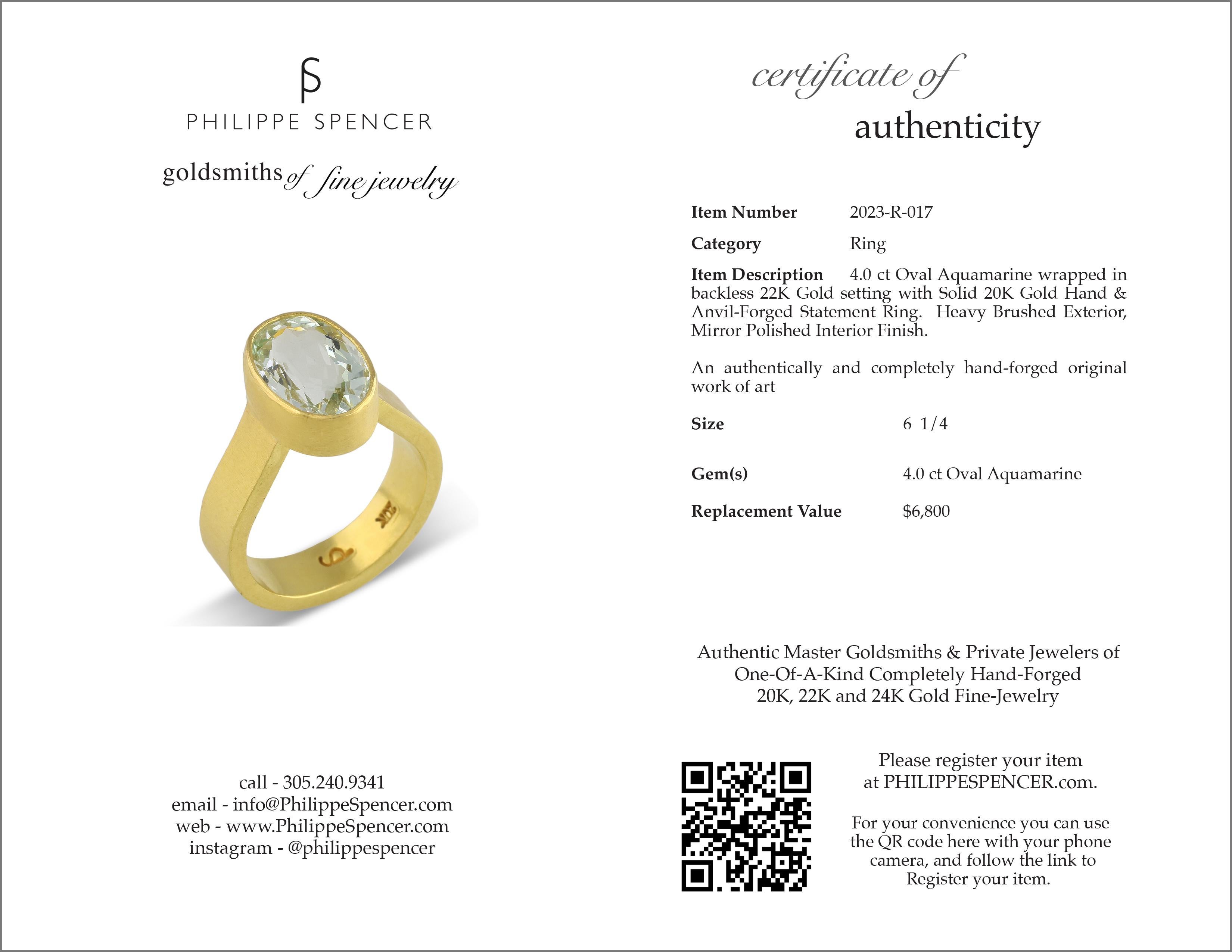 Oval Cut PHILIPPE SPENCER 4.0 Ct. Aquamarine in 22K and 20K Gold Statement Ring