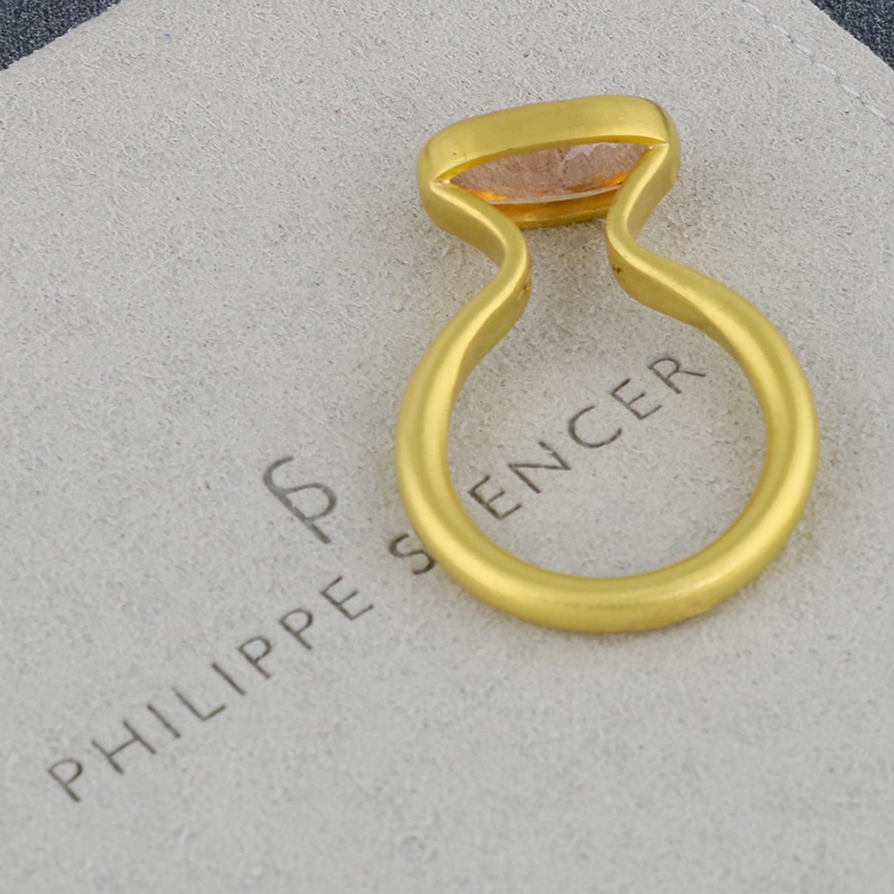 PHILIPPE SPENCER - Extremely Rare 4.2 Ct. Deep Coral-Color Imperial Topaz wrapped in backless 22K Gold with Solid 20K Hand & Anvil Forged Round Statement Ring. Heavy Brushed Finish. Size 7 1/2 to 7. 3/4, and is in-stock and ready to ship. Our