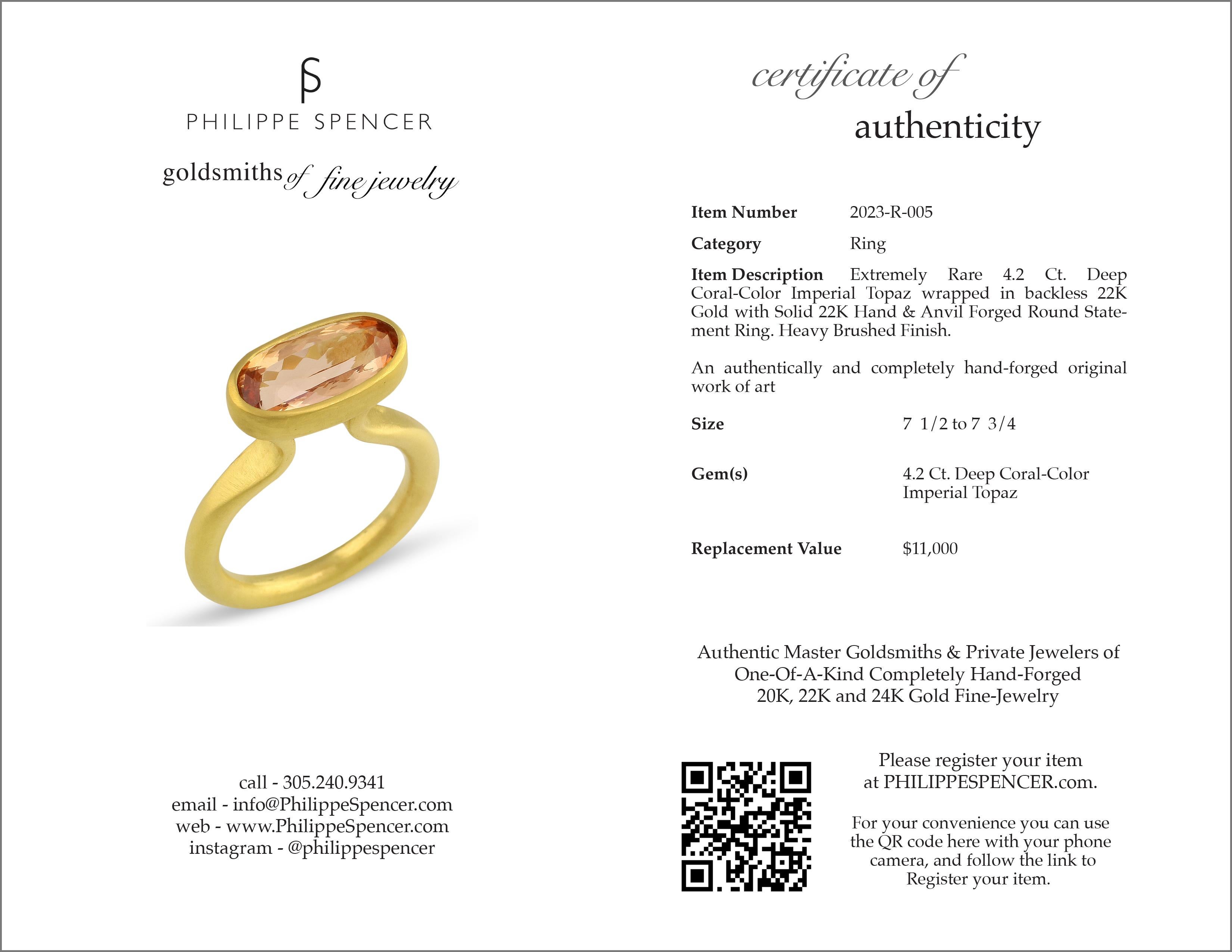 Oval Cut PHILIPPE SPENCER 4.2 Ct. Imperial Topaz in 22K and 20K Gold Statement Ring For Sale