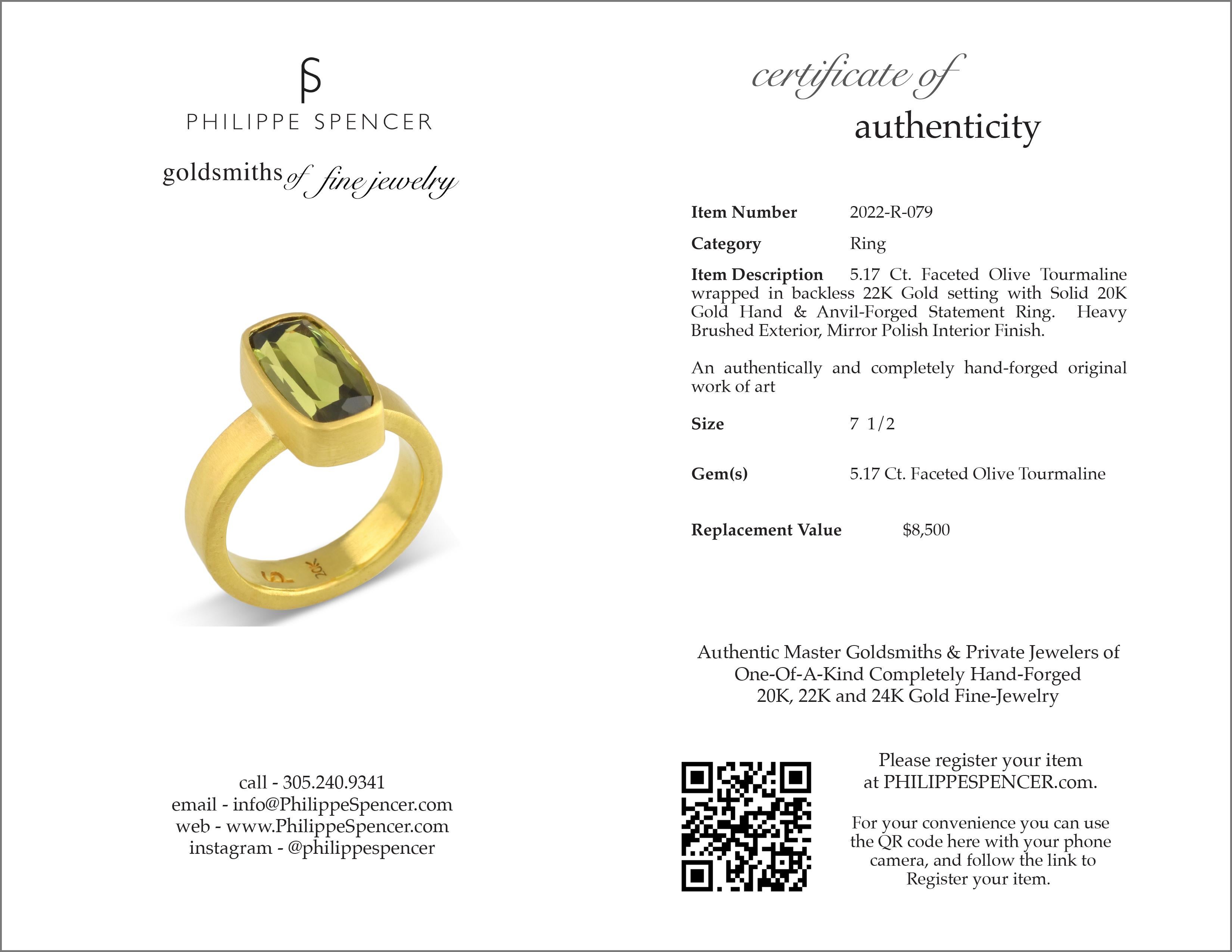 Cushion Cut PHILIPPE SPENCER 5.17 Ct. Olive Tourmaline in 22K and 20K Gold Statement Ring For Sale