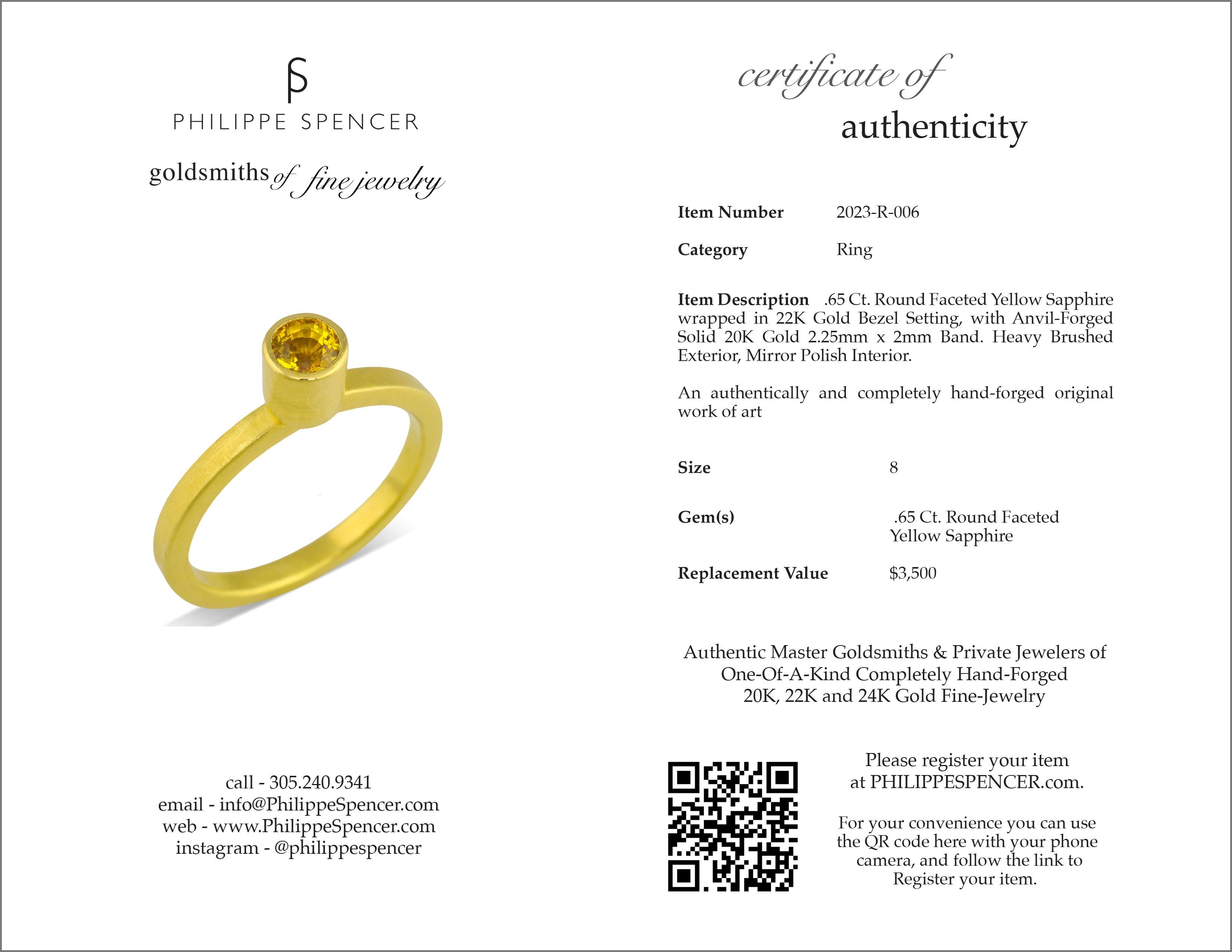 Artisan PHILIPPE SPENCER .65 Ct. Yellow Sapphire in 22K and 20K Gold Solitaire Ring For Sale
