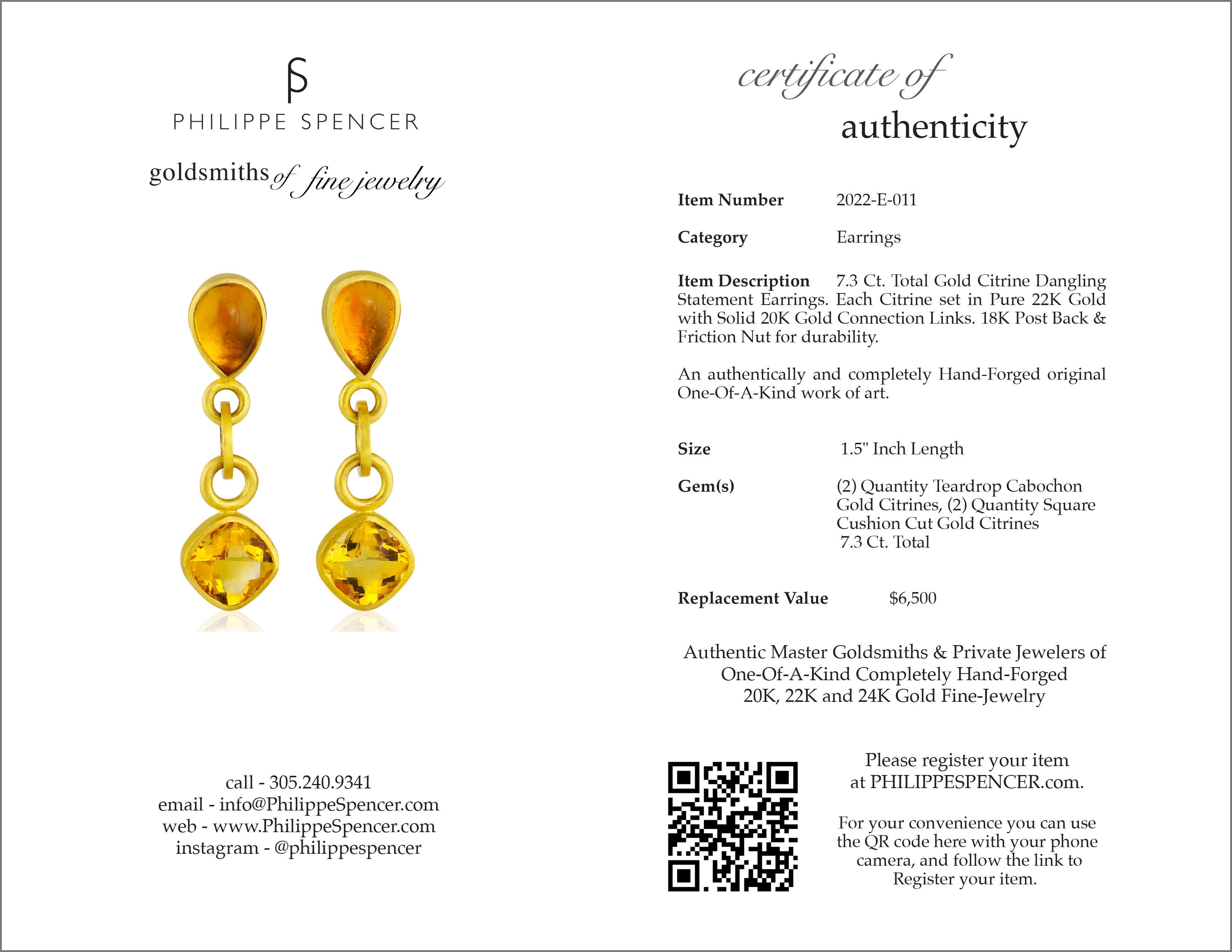 Cabochon PHILIPPE SPENCER 7.3 Ct. Gold Citrines in 22K & 20K Gold Dangling Earrings For Sale
