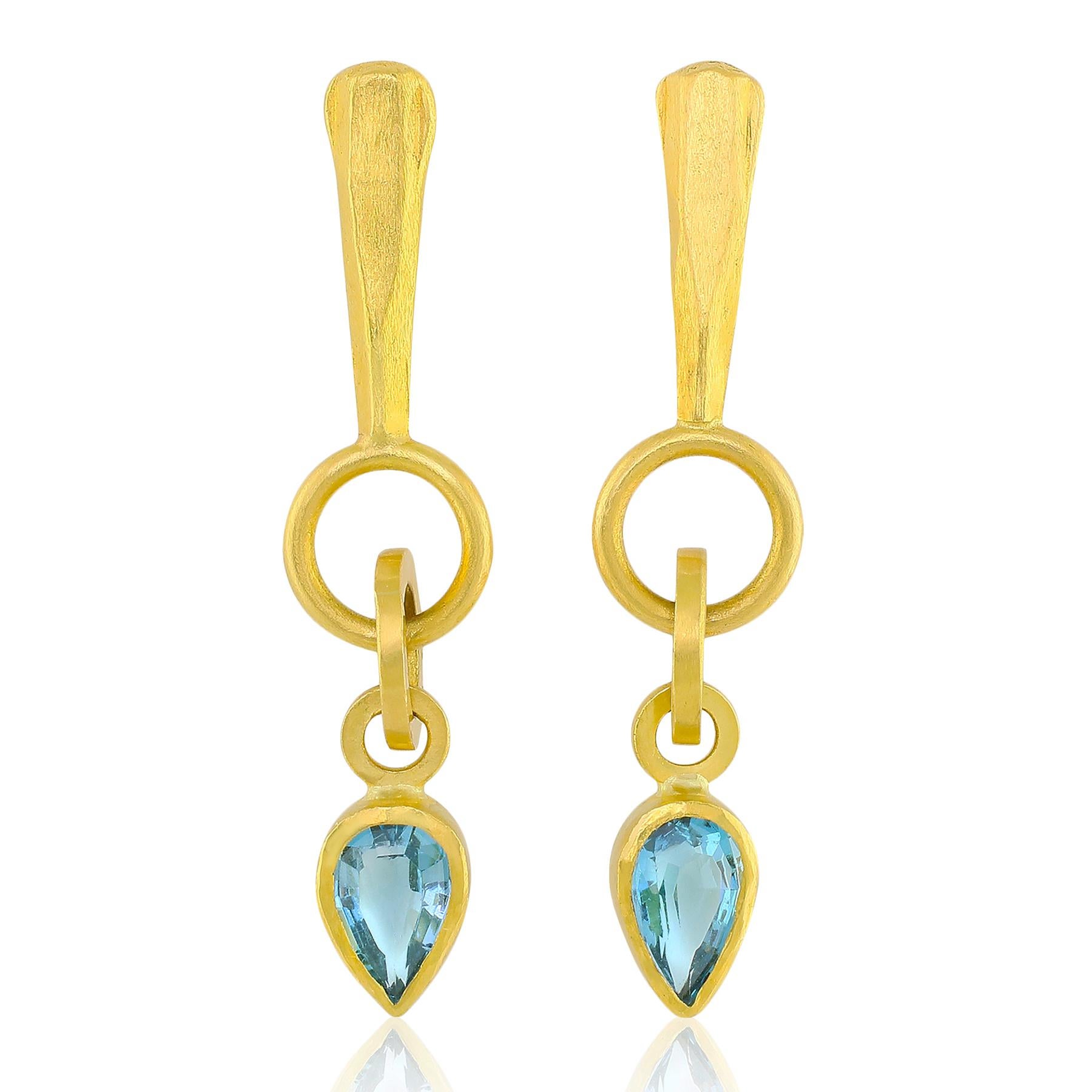 PHILIPPE SPENCER - 7.45 Ct. Total London Blue Topaz Dangling Statement Earrings. Each Topaz set in backless Pure 22K Gold with Solid 20K Gold Connection Links & Features. 18K Post Back & Friction Nut for durability. 

These beautiful and unique