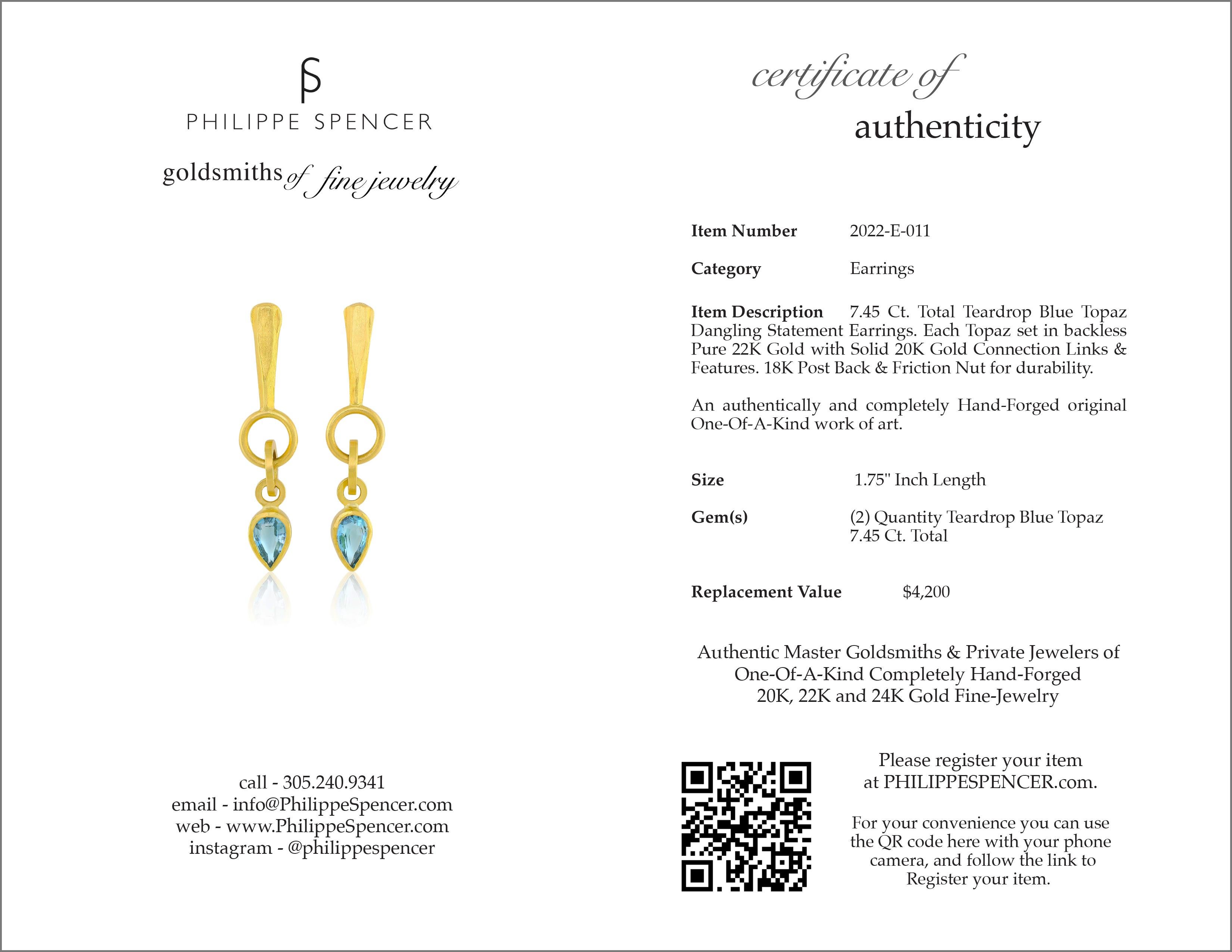 Pear Cut PHILIPPE SPENCER 7.45 Ct. Blue Topaz in 22K & 20K Gold Dangling Earrings For Sale