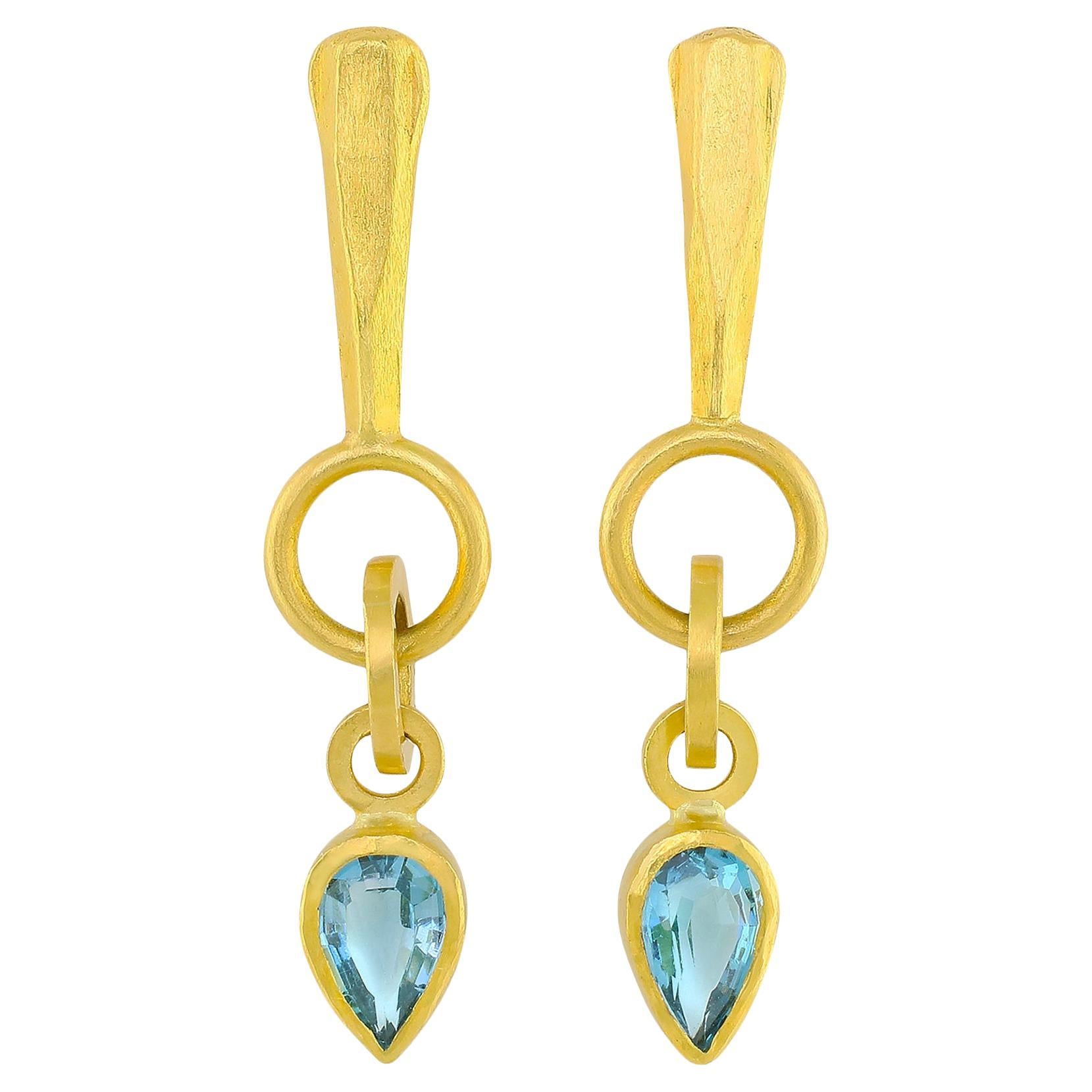 PHILIPPE SPENCER 7.45 Ct. Blue Topaz in 22K & 20K Gold Dangling Earrings For Sale