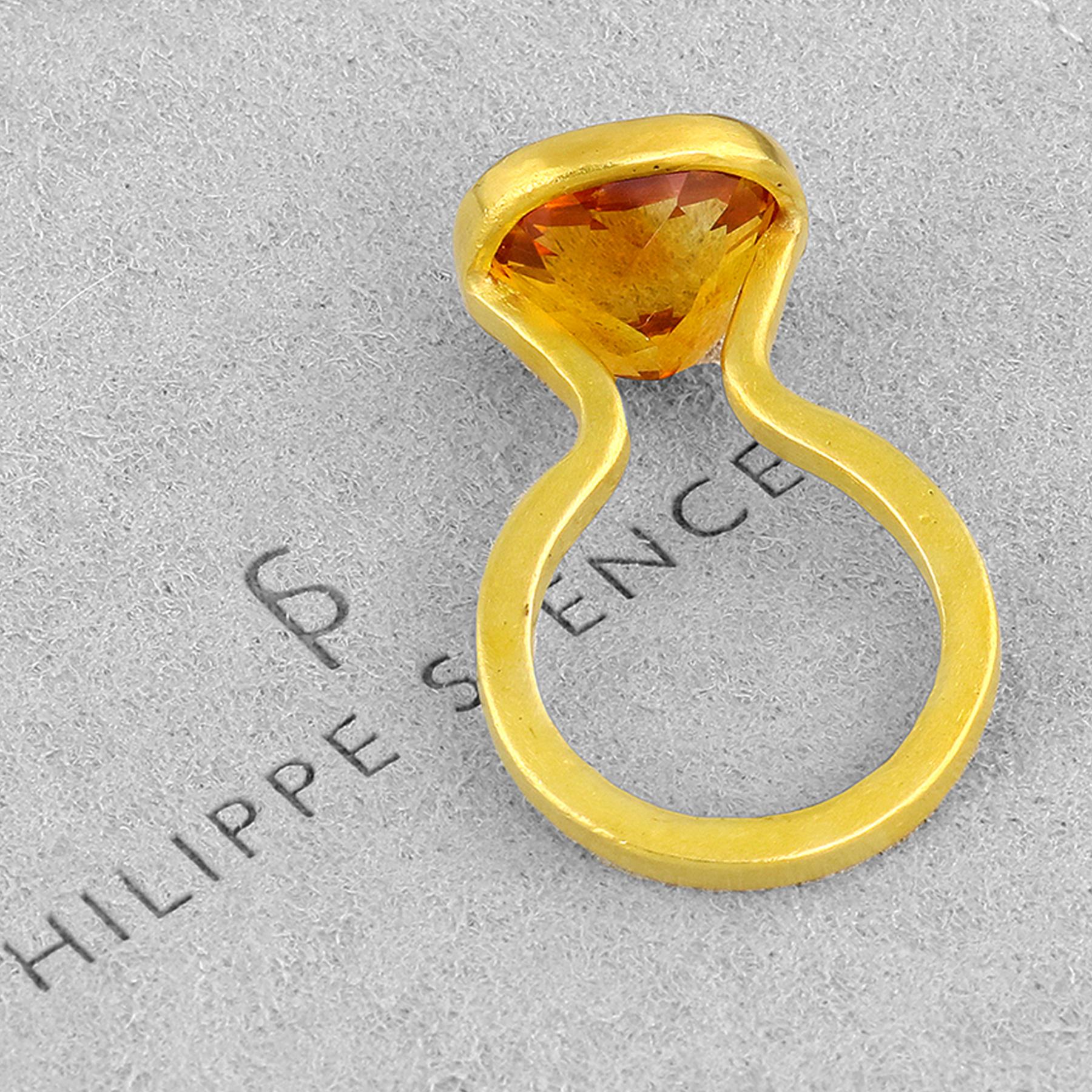 PHILIPPE SPENCER - 9.2 Ct.  Cushion Cut Gold Citrine set in backless 22K Gold, with Solid 20K Gold Hand & Anvil Forged Statement Ring. Heavy-Brushed Exterior,  Polished Interior Finish. Size 5 1/4, and is in-stock and ready to ship. Our apologies in
