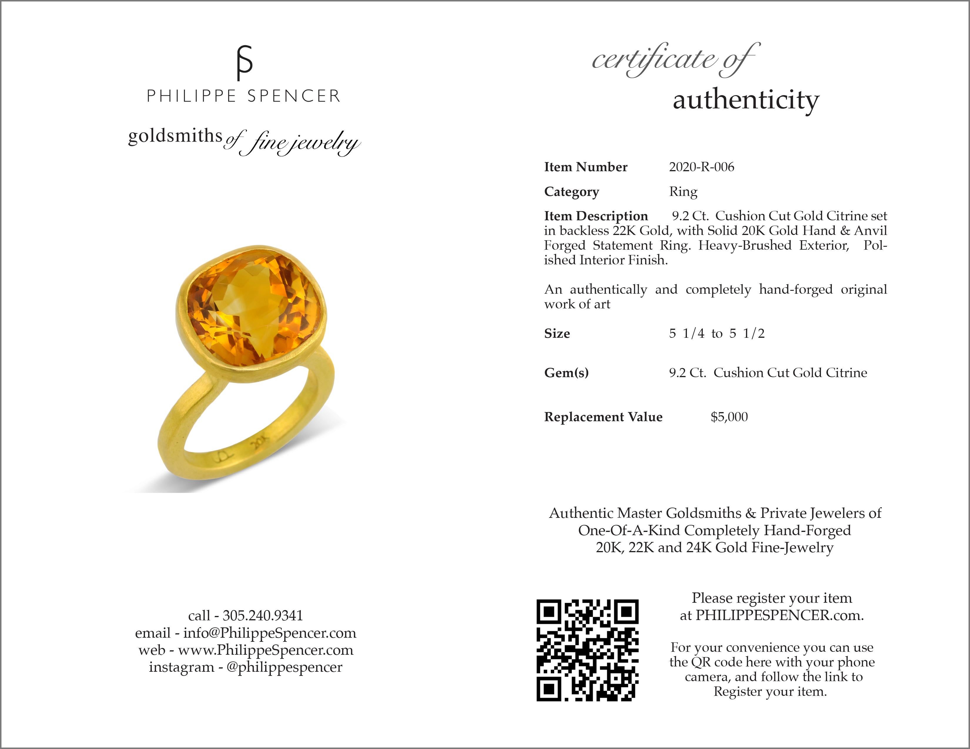 PHILIPPE SPENCER 9.2 kt. Statement-Ring aus Gold mit Citrin in 22 Karat und 20 Karat Gold (Carréeschliff)