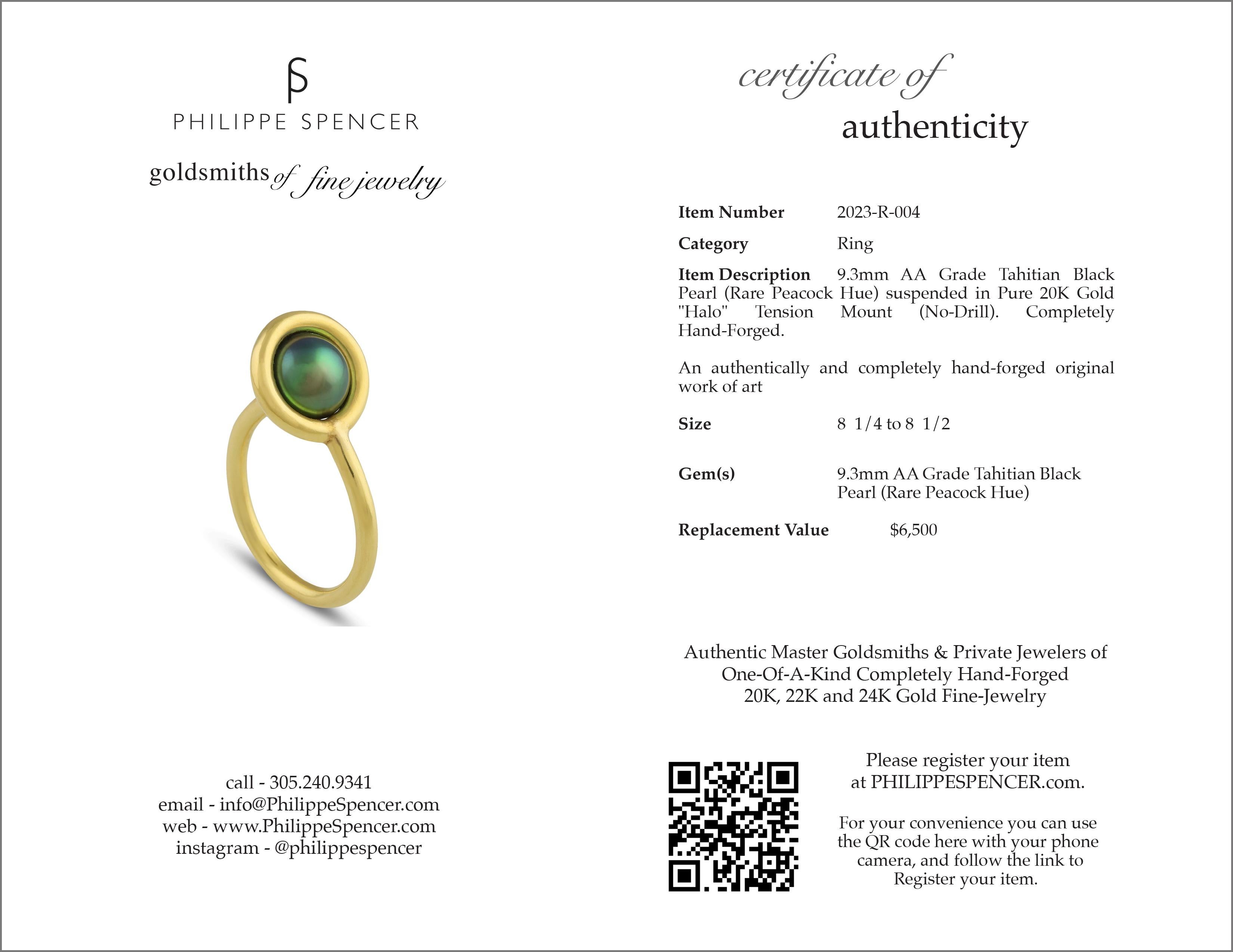 Round Cut PHILIPPE SPENCER 9.3mm Tahitian Pearl in Solid 20K Gold Halo Tension Ring For Sale