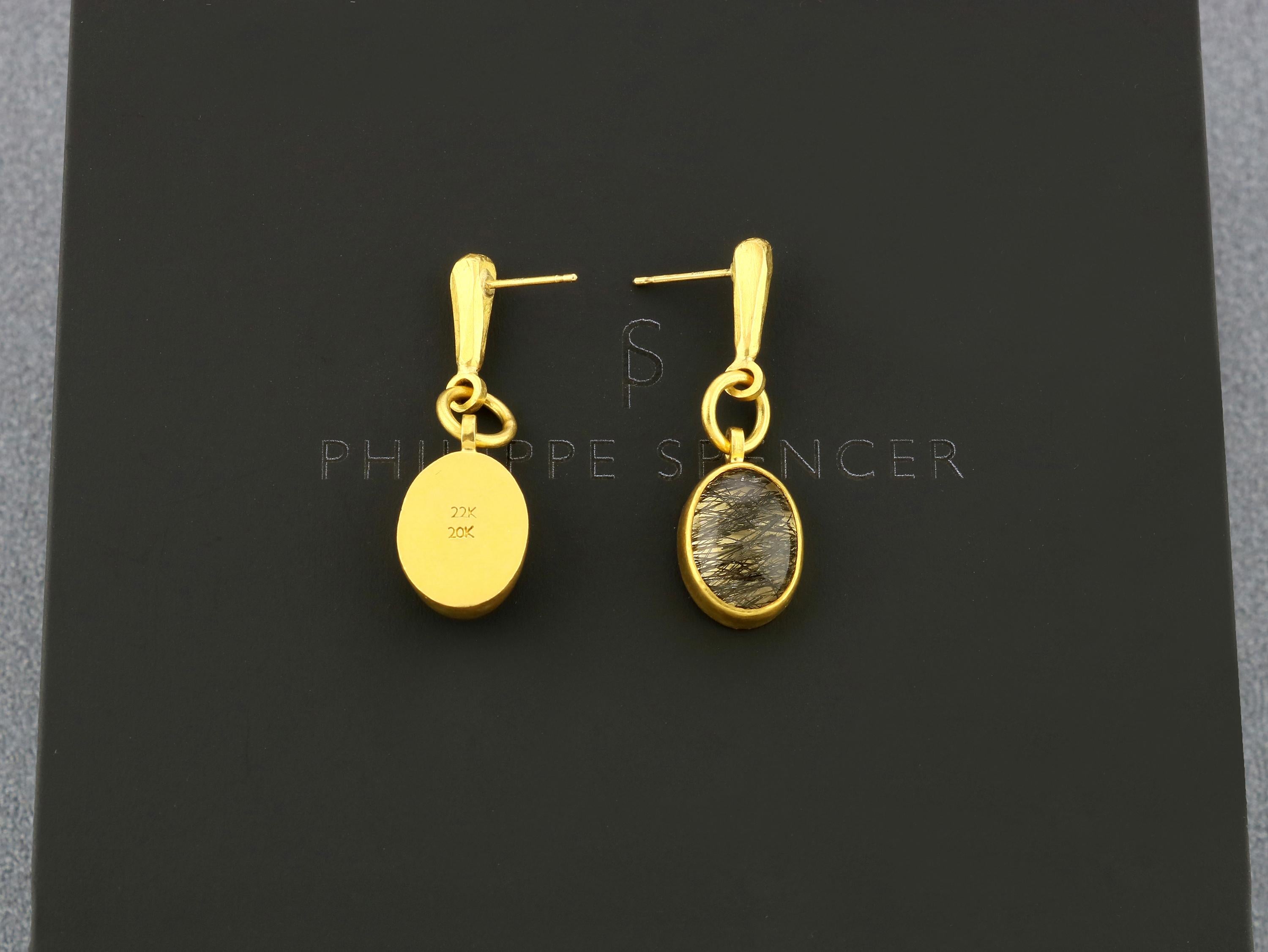 PHILIPPE SPENCER -Black Tourmaline Quartz Bezel Set in Pure 22K Gold, with Solid 20K Gold Connection Links & Features. 18K Post Back & Friction Nut for durability. 

These beautiful and unique Hand-Forged Dangling Statement Earrings are 1.5