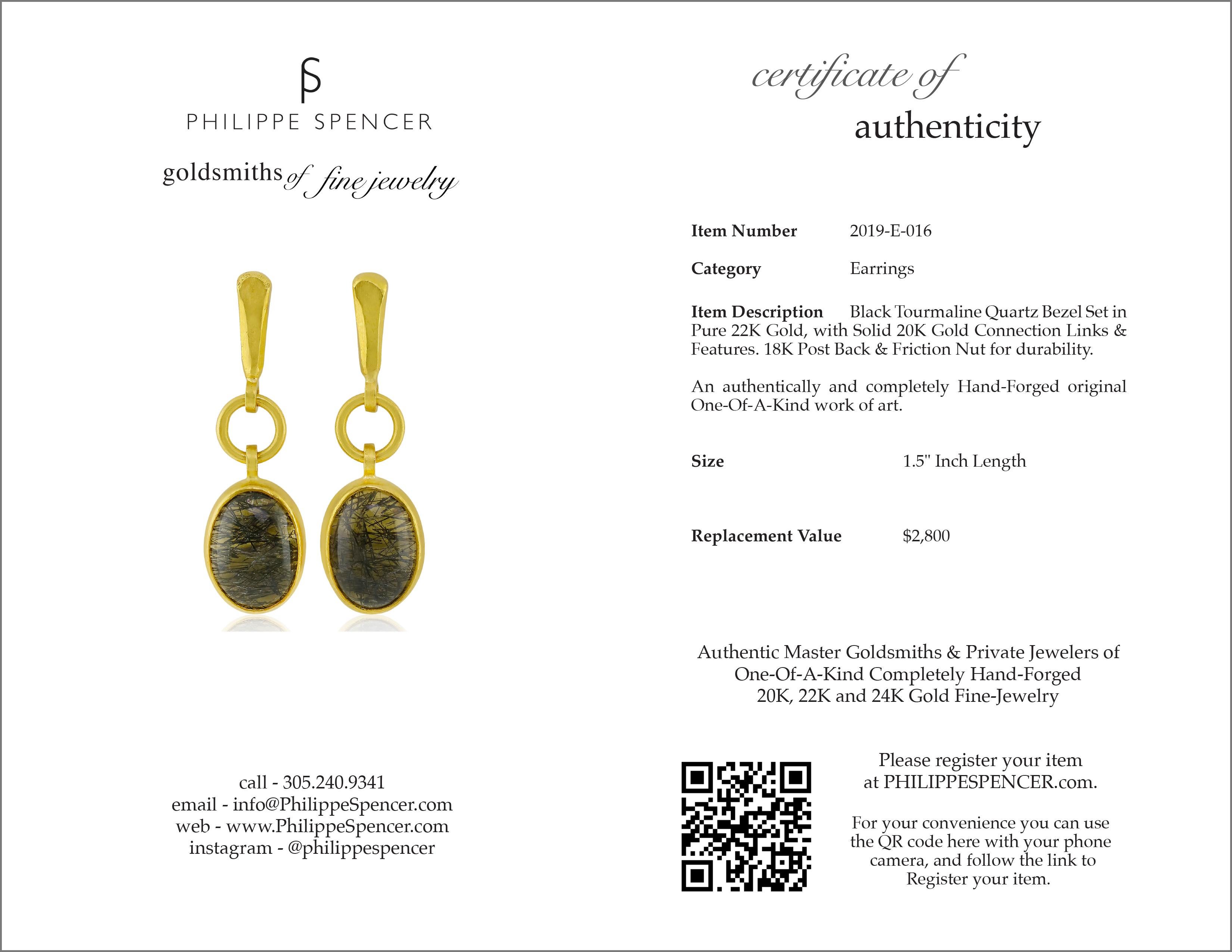 Oval Cut PHILIPPE SPENCER Black Tourmaline Quartz 22K & 20K Gold Dangling Earrings For Sale