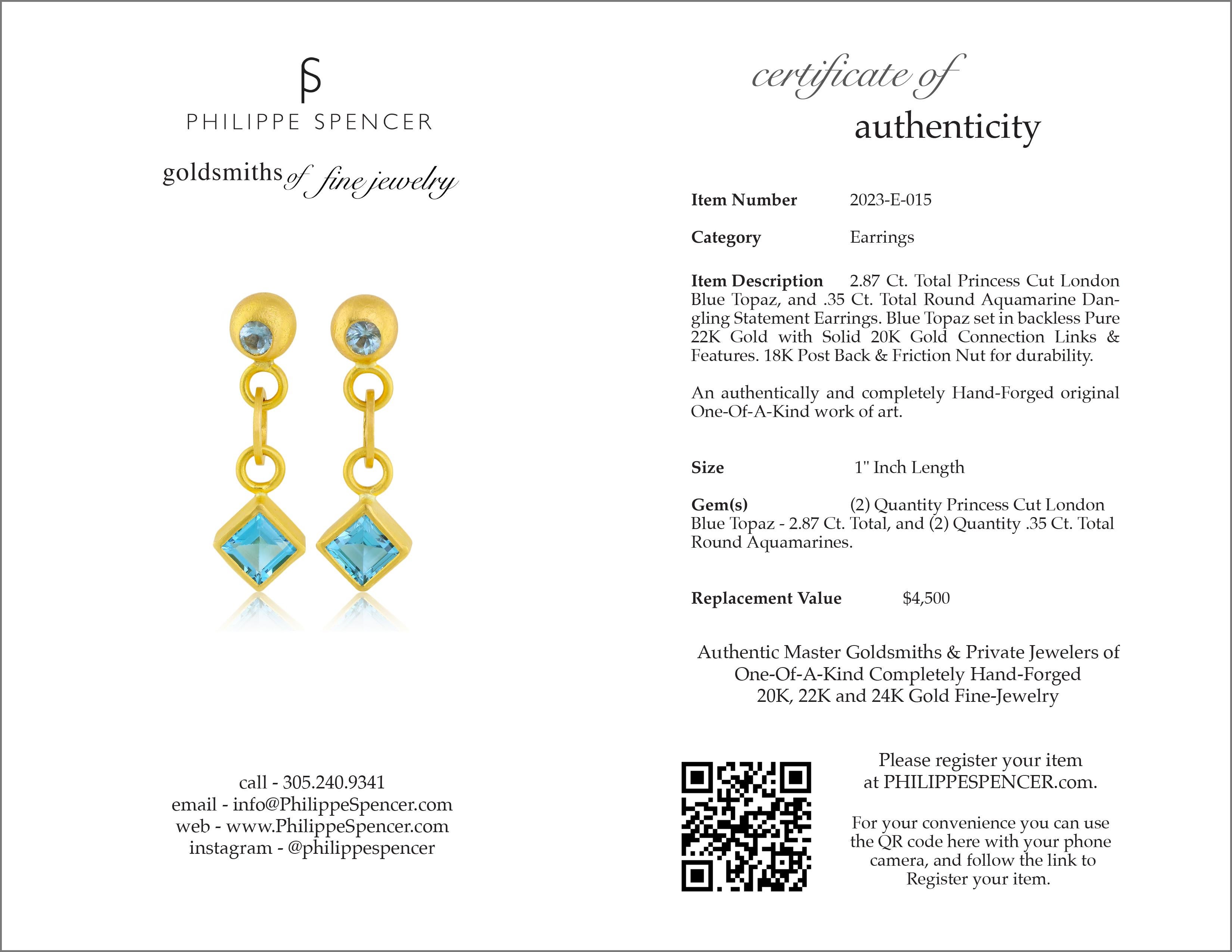 Princess Cut PHILIPPE SPENCER Blue Topaz and Aquamarine in 22K & 20K Gold Dangling Earrings For Sale