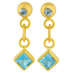 Used PHILIPPE SPENCER Blue Topaz and Aquamarine in 22K & 20K Gold Dangling Earrings