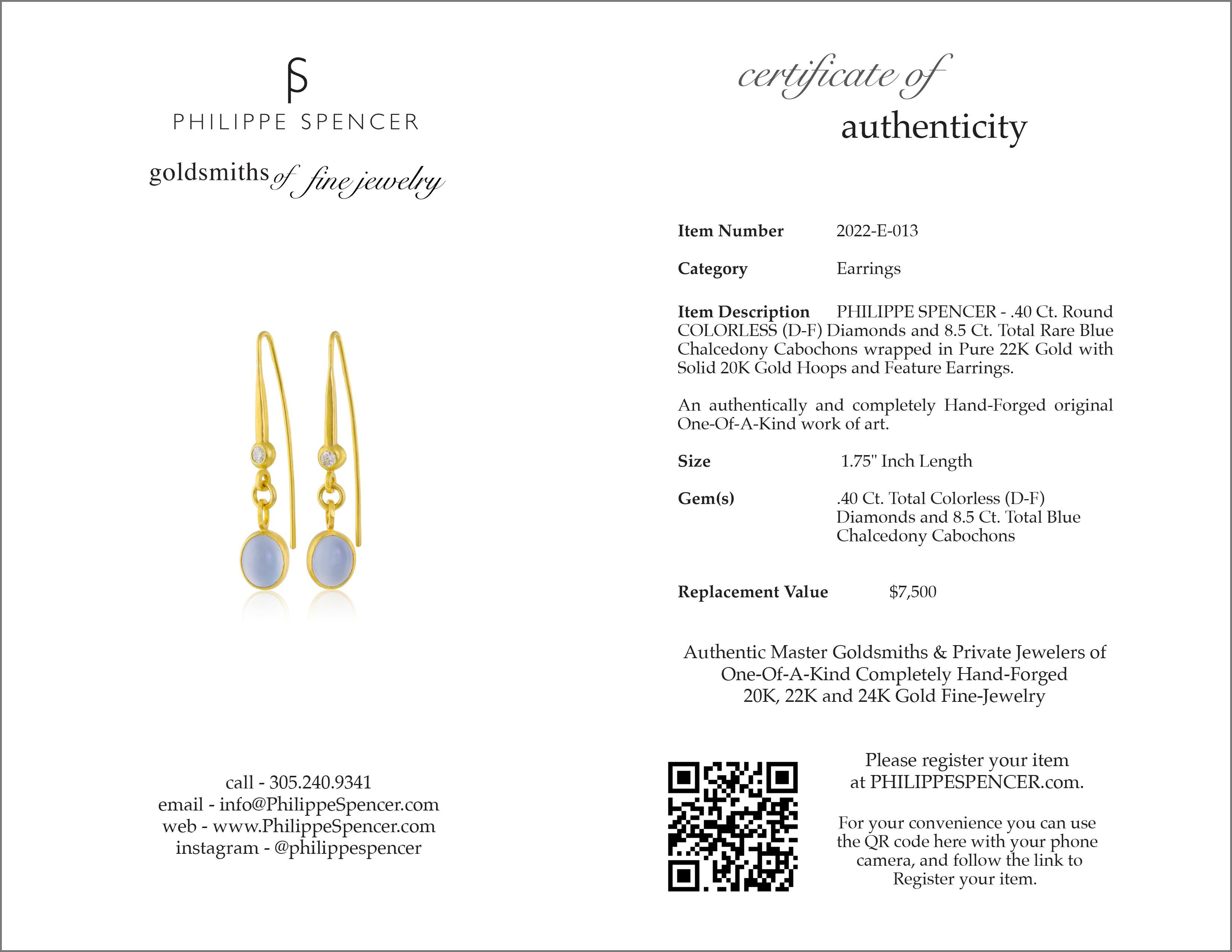 Boucles d'oreilles PHILIPPE SPENCER en or 22 carats et 20 carats, diamants incolores et calcédoine en vente 1