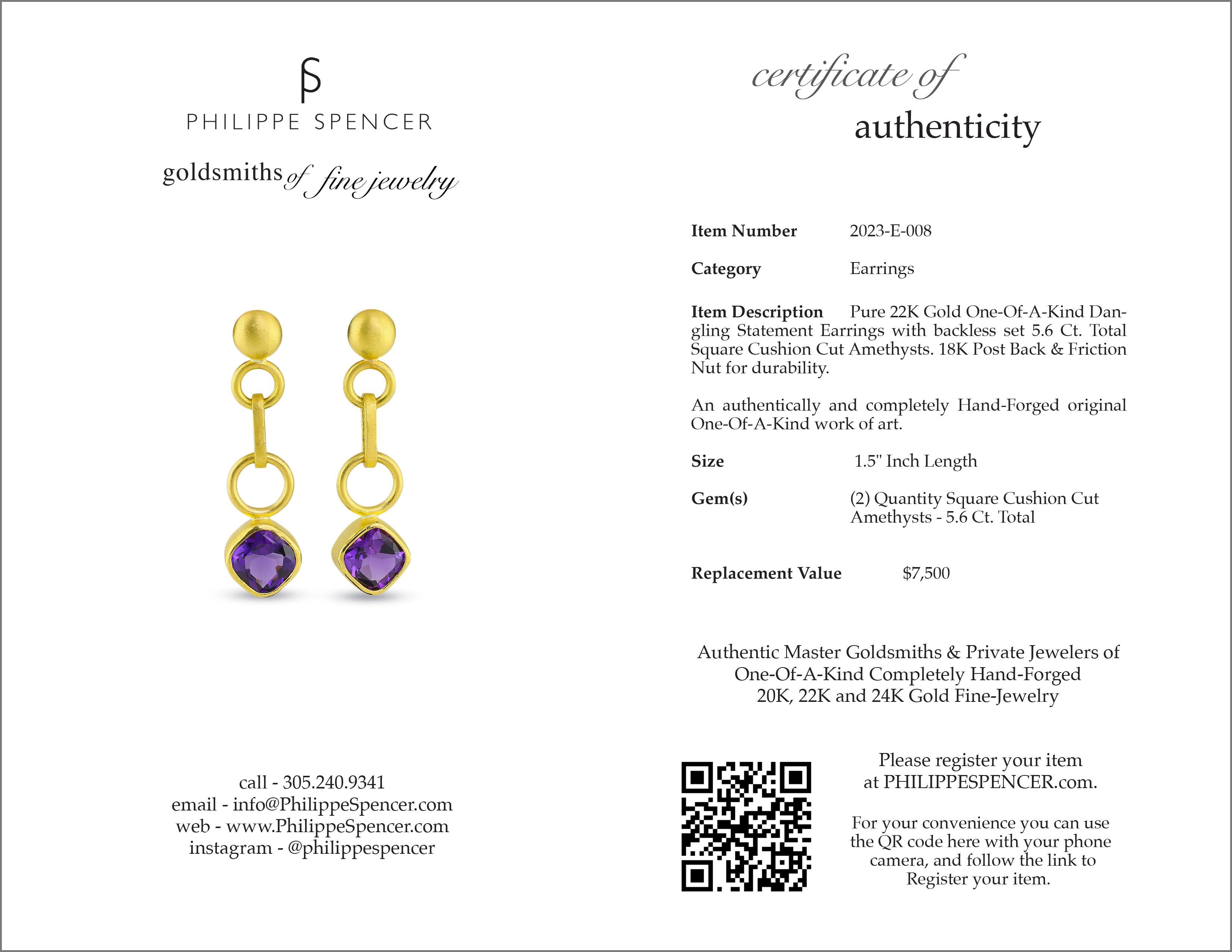 Cushion Cut PHILIPPE SPENCER Pure 22K Gold & Amethyst Dangling Earrings For Sale