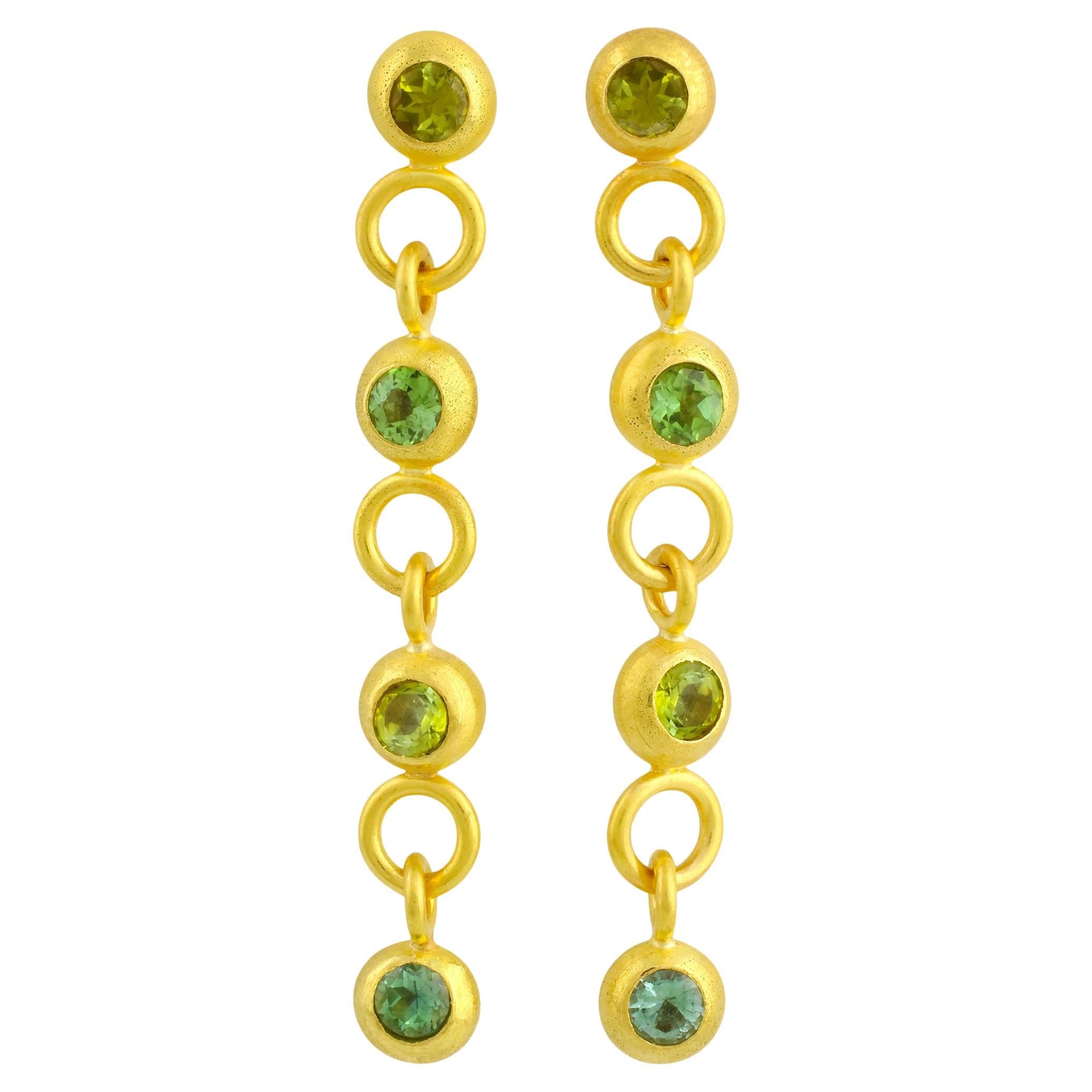 PHILIPPE SPENCER Pure 22K Gold & Green Tourmaline Dangling Drop Earrings For Sale