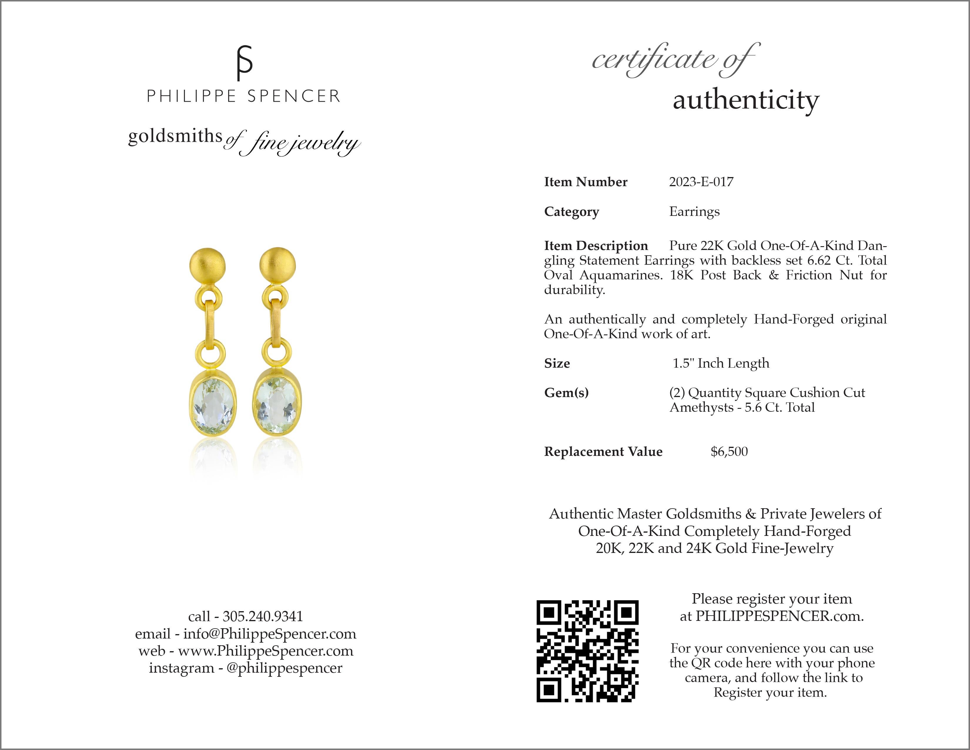 Artisan PHILIPPE SPENCER Pure 22K Gold & Oval Aquamarine Dangling Earrings
