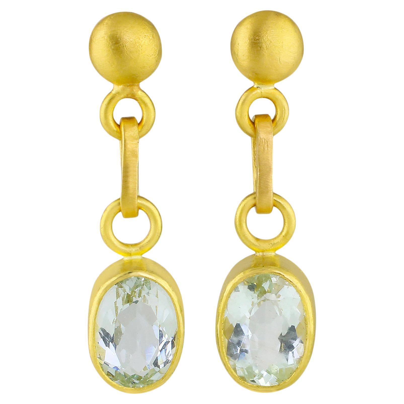PHILIPPE SPENCER Pure 22K Gold & Oval Aquamarine Dangling Earrings