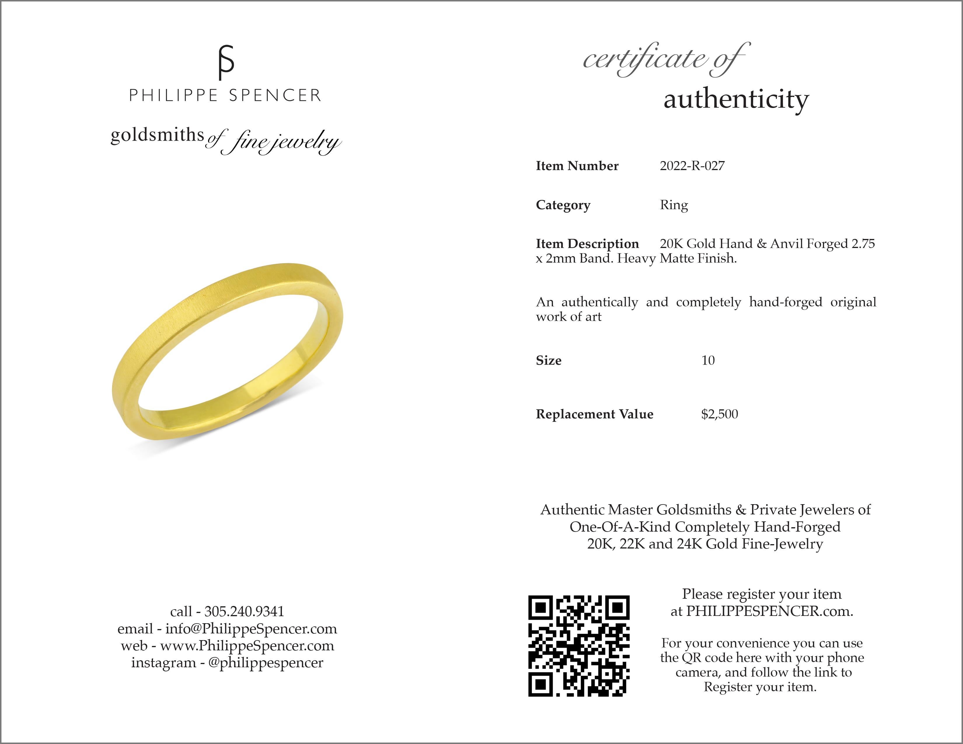 Women's or Men's PHILIPPE SPENCER Solid 20K Gold Hand & Anvil Forged 2.75mm x 2 mm Band For Sale