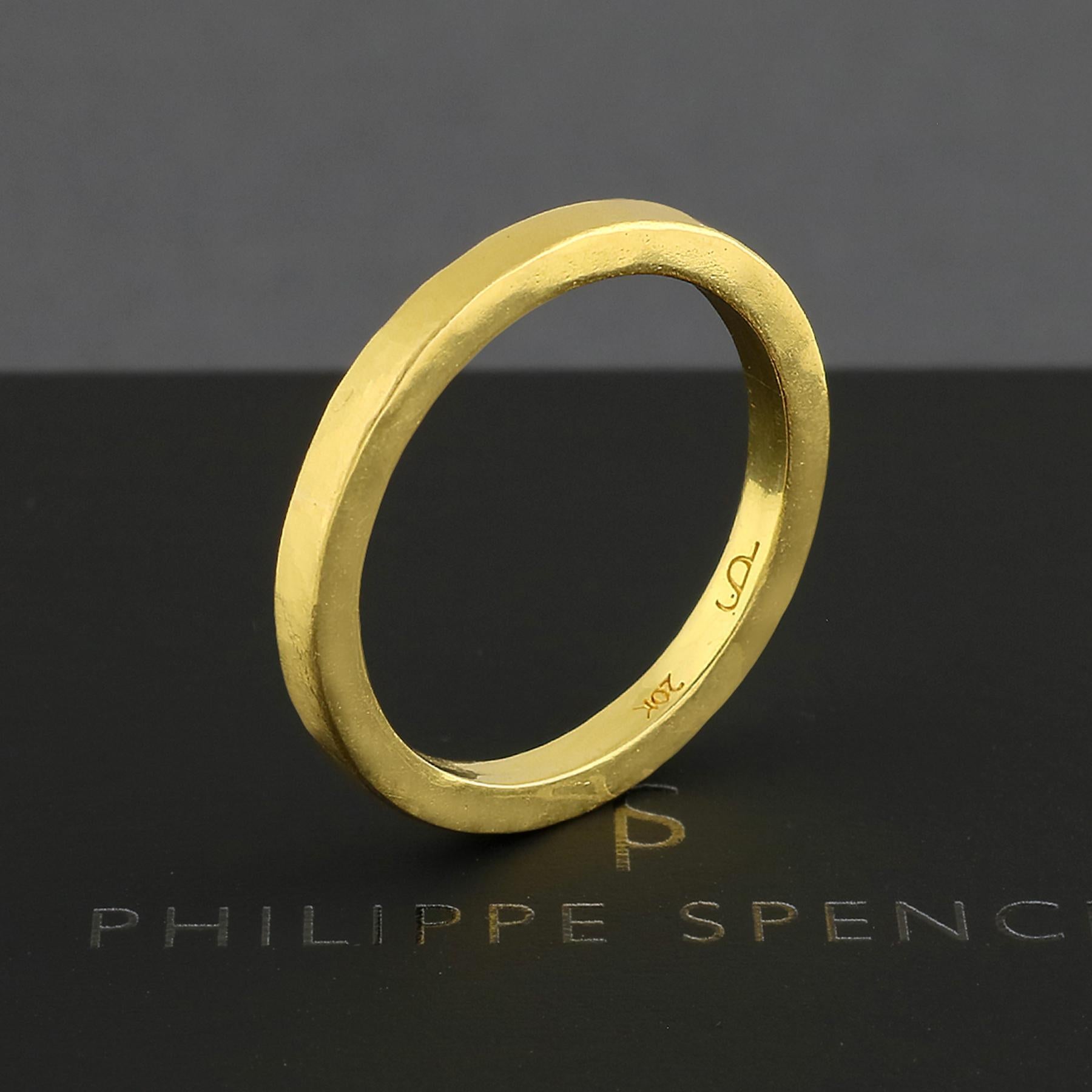 PHILIPPE-SPENCER - 2.5 X 2.25mm Solid 20K Gold Hand-Forged Band with Hammered Finish. Heavy Matte Exterior, Mirror Polished Interior.  Each is a unique one-of-a-kind work of art. This PHILIPPE SPENCER solid 20K Gold Hand Made ring is extremely