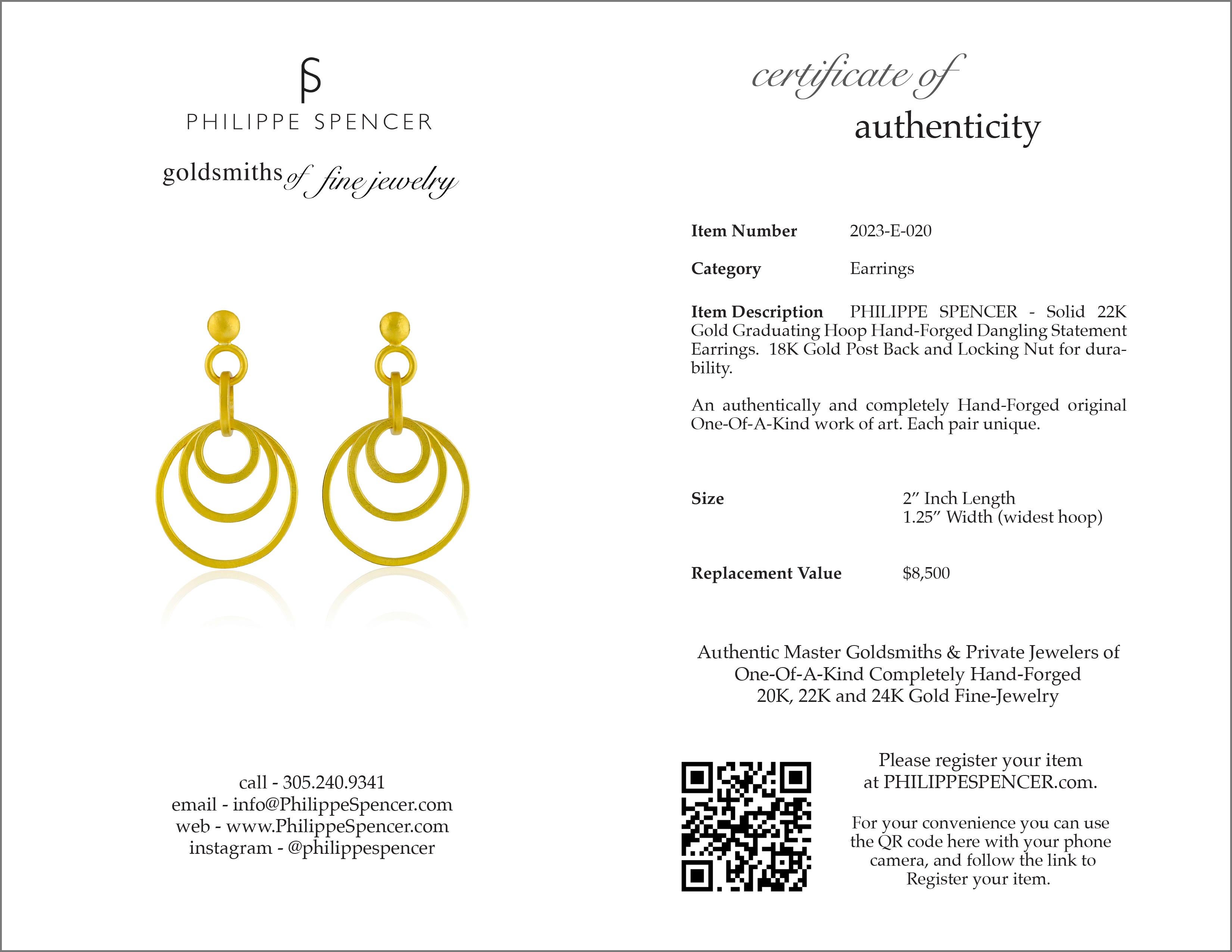 Artisan PHILIPPE SPENCER Solid 22K Gold Graduating Hoop Dangling Earrings For Sale