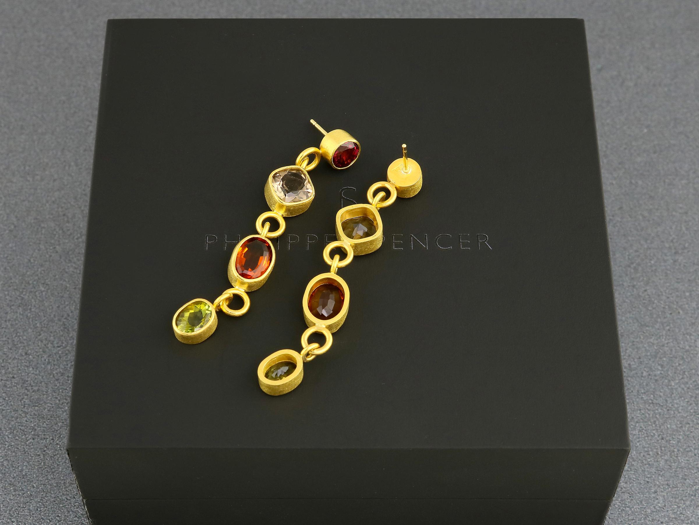 PHILIPPE SPENCER - Pure 22K Gold Mixed-Gem One-Of-A-Kind Dangling Statement Earrings. (2) Round Garnets (2.8 Ct. Total), (2) Square Fume Quartz (4.3 Ct. Total),  (2) Oval Orange Citrines (4.6 Ct. Total), (2) Oval Green Tourmalines (2.8 Ct. Total),