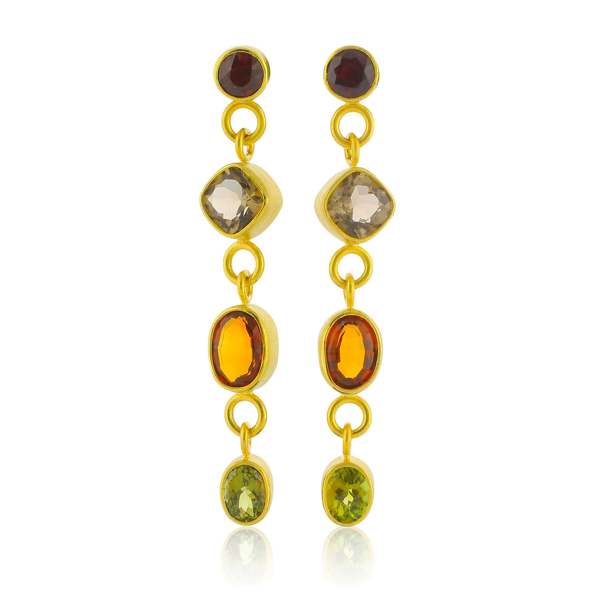 Artisan PHILIPPE SPENCER - Pure 22K Gold Mixed-Gem Dangling Statement Earrings For Sale