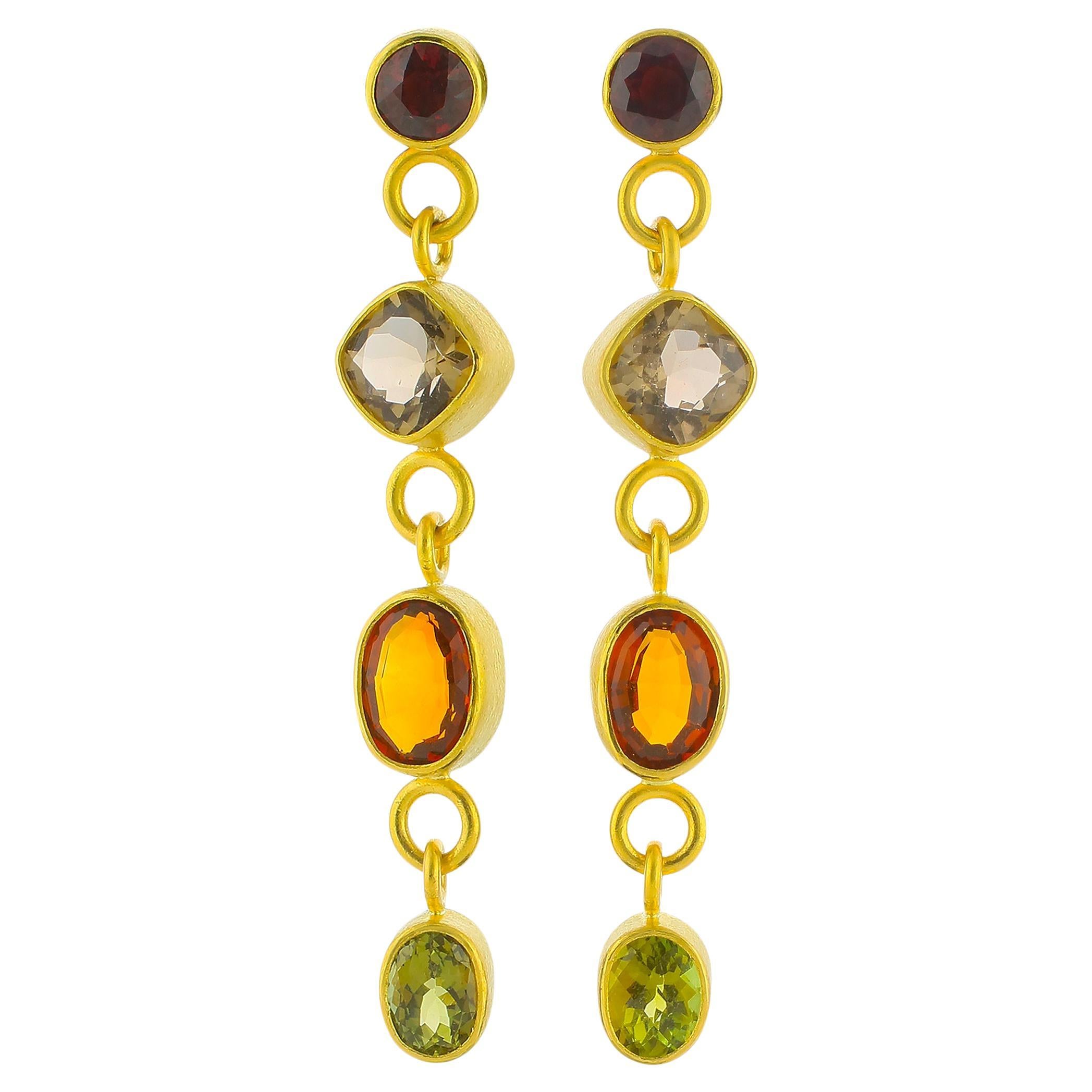 PHILIPPE SPENCER - Pure 22K Gold Mixed-Gem Dangling Statement Earrings For Sale