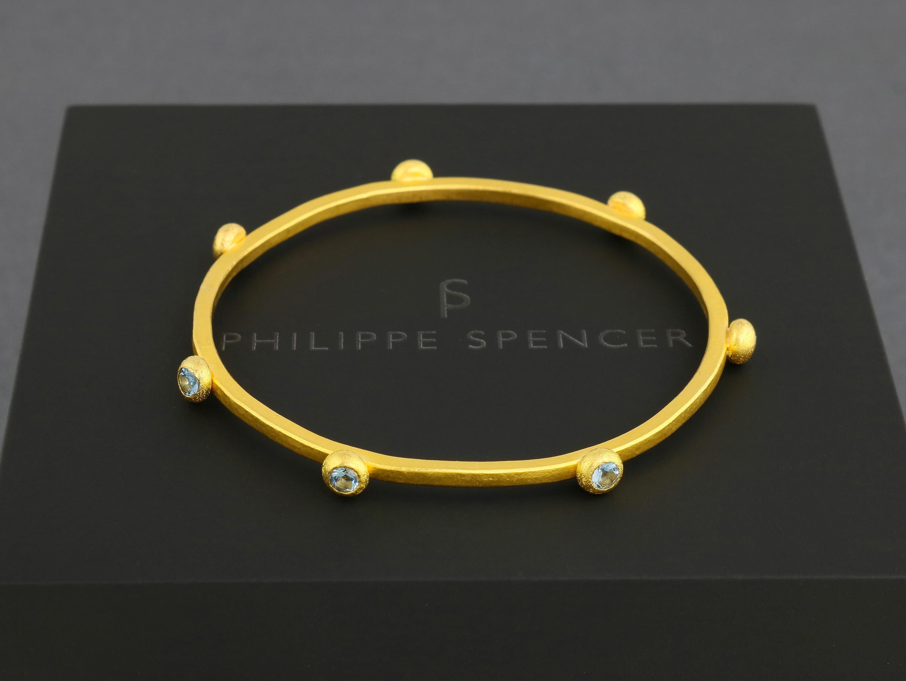 PHILIPPE SPENCER - Solid 24K Gold 2.5mm X 2.5mm Completely Hand & Anvil-Forged Bangle with 7-Quantity Aquamarines, 1.27 Ct. Total, set in Pure 22K Gold Drops. A truly unique One-Of-A-Kind work of art.  Our apologies in advance, this item is not