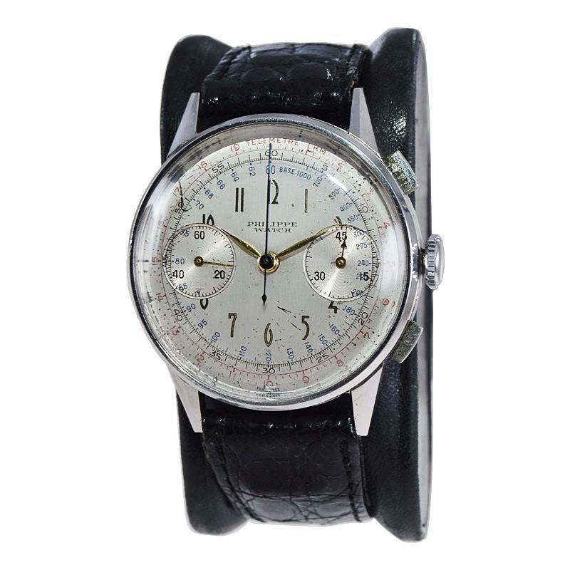 FACTORY / HOUSE:Philippe Watch Company 
STYLE / REFERENCE: Chronograph
METAL / MATERIAL: Stainless Steel 
MOVEMENT / CALIBER: Manual Winding / 17 Jewels / Cal. Landeron 39
DIAL / HANDS: Original Art Deco Numbers / Leaf Hands
DIMENSIONS: Length 42mm
