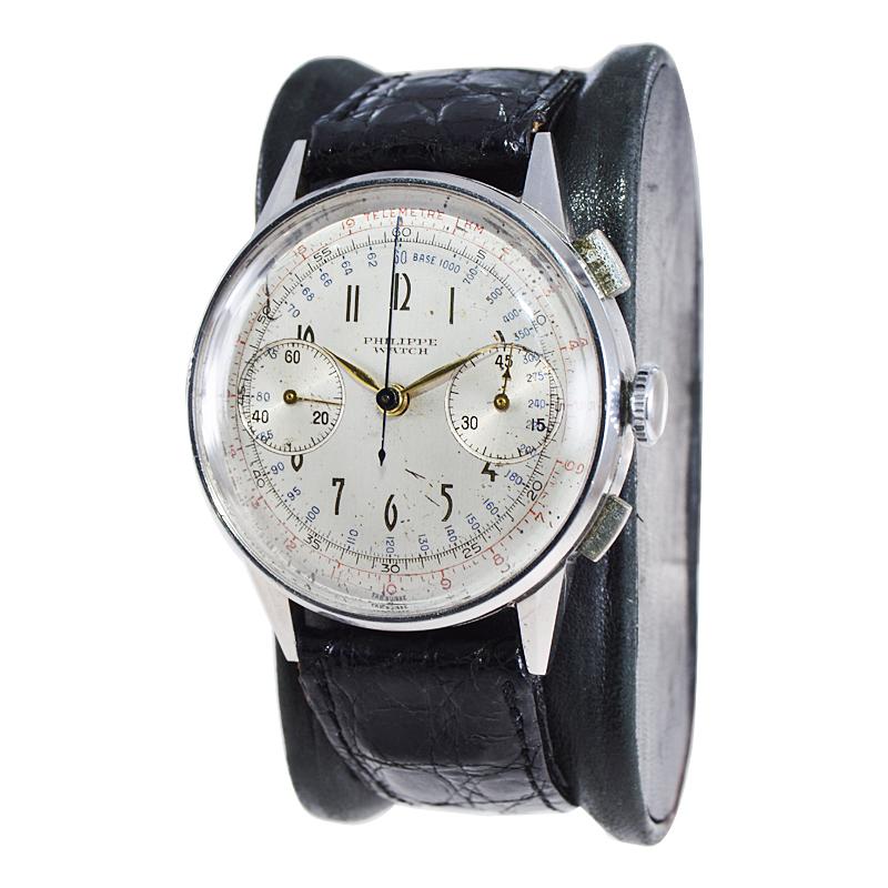 Women's or Men's Philippe Stainless Steel Art Deco Chronograph Manual Watch, 1930s For Sale