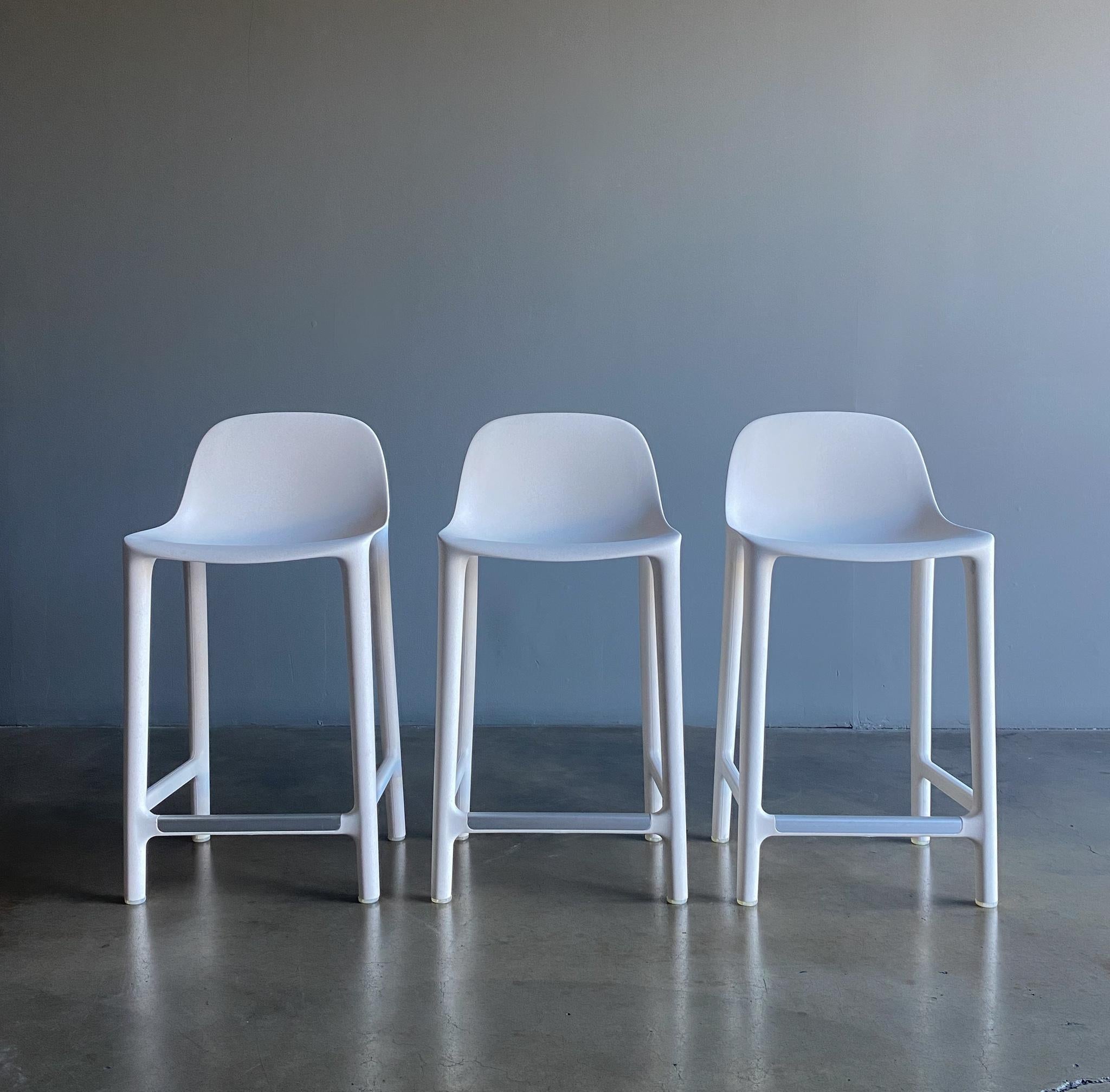Philippe starck broom barstools in white for Emeco (a set of three). These stools are made from 75% waste polypropylene and 15% reclaimed wood.