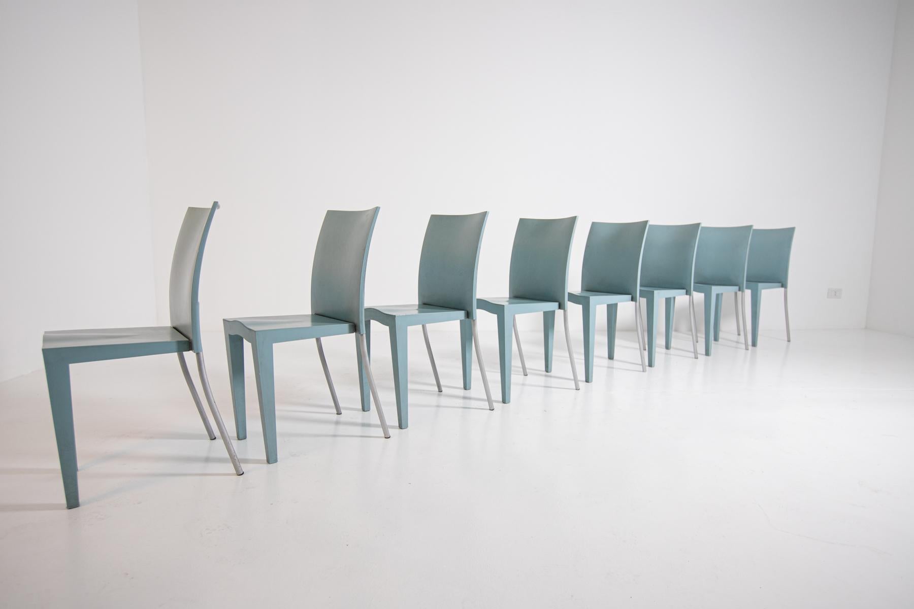 Modern set of 8 chairs by Philippe Starck designed for Kartell in the 1980s. 
The set is made with an entire propylene shell in a light blue color. The two front feet are made of metal. The Super Glob combines different materials to obtain greater