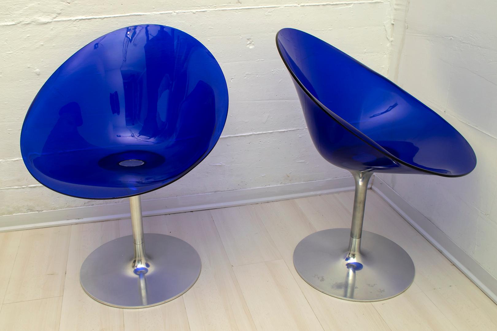Philippe Starck for Kartell Blue Lucite Eros S Swivel Italian Chairs In Good Condition In Puglia, Puglia