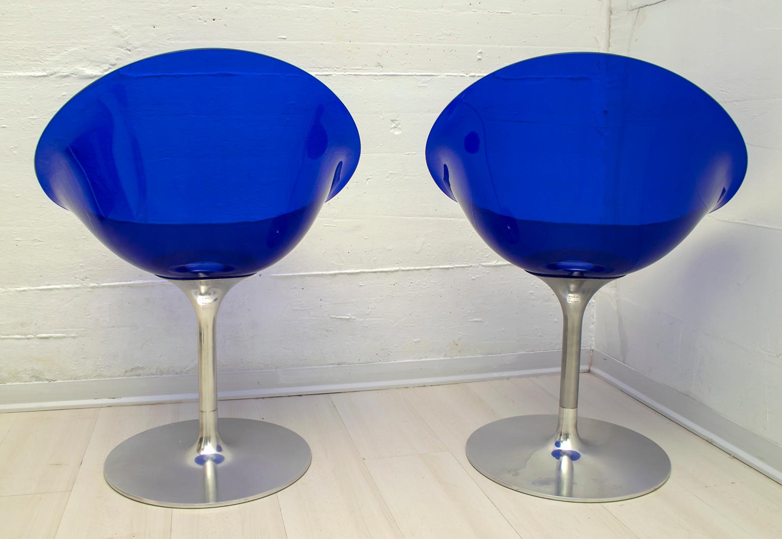 Late 20th Century Philippe Starck for Kartell Blue Lucite Eros S Swivel Italian Chairs